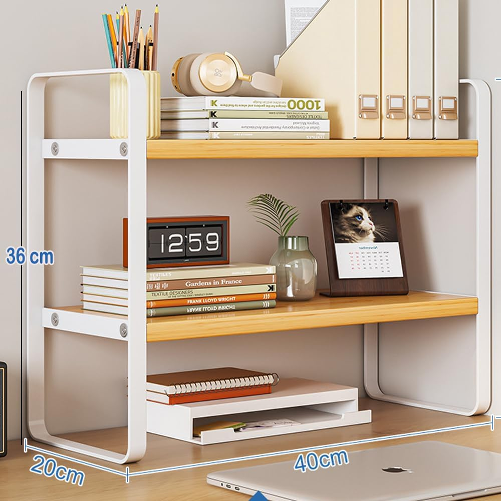 Fohouse Wooden Desktop Bookshelf Organizer, Office Desk Shelf Organizer - Multi-Purpose Bookshelf for Office Supplies, Makeup Top Organizer Storage, and Home Decor (White-2 Tier) - Black image number 5