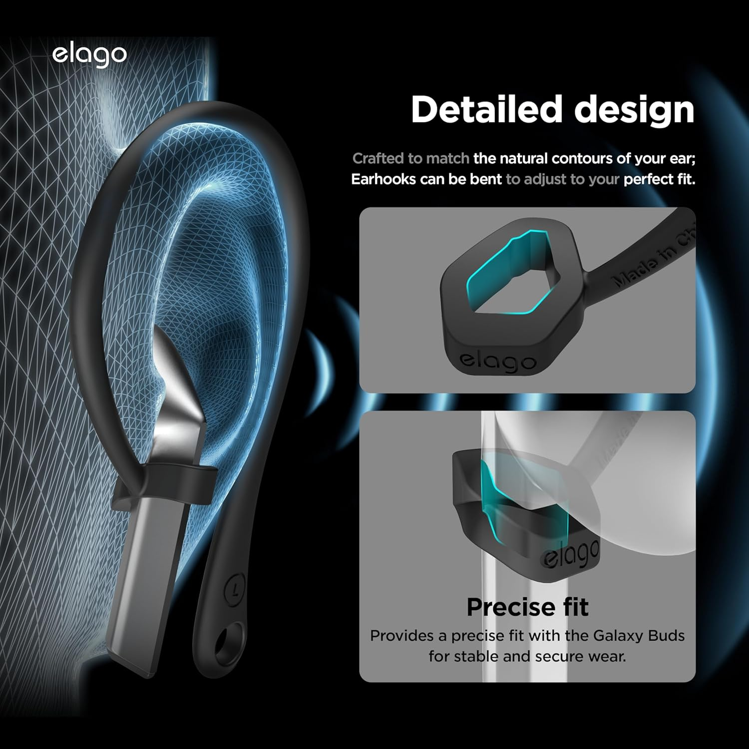 Elago Ear Hooks Designed for Samsung Galaxy Buds 3 & Galaxy Buds 3 Pro Earbuds Accessories, Anti-Slip, Ergonomic Design, Comfortable Fit (Black) image number 3