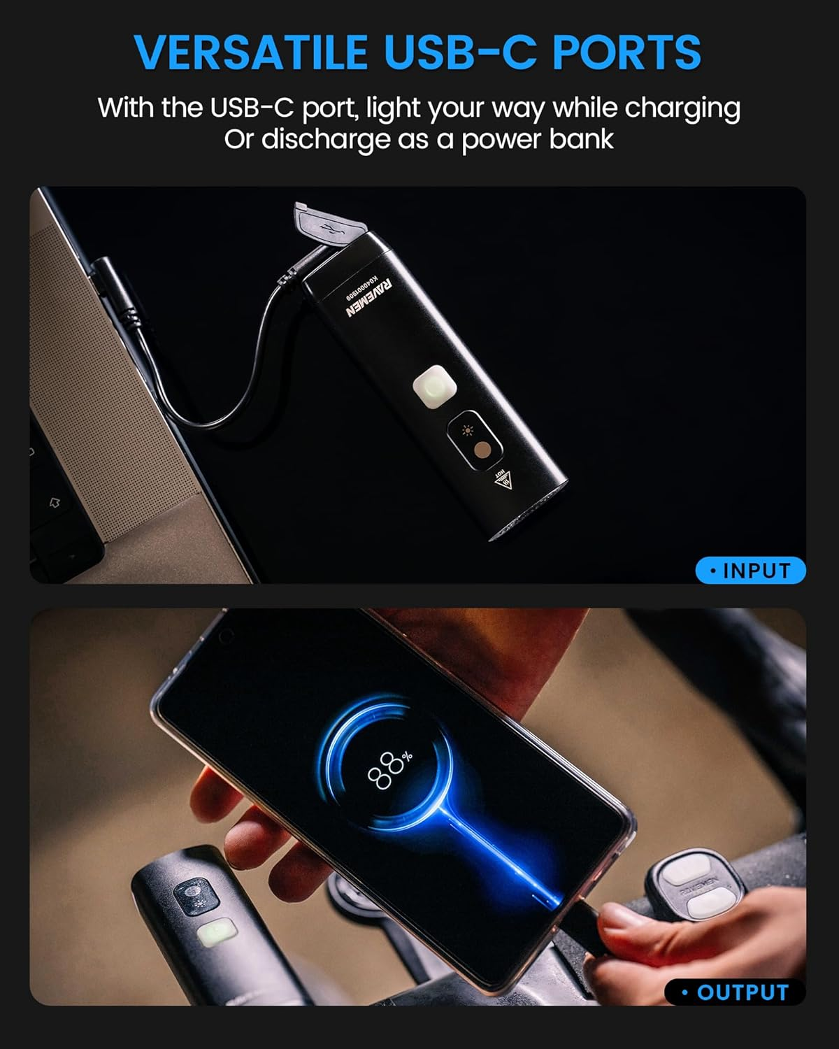 RAVEMEN K1400 Smart Bike Lights, Bright Bicycle Light with AI Night Riding Mode, Brightness Adjust, Auto On/Off, Power Bank Feature, Daytime Intelligent Mode image number 3