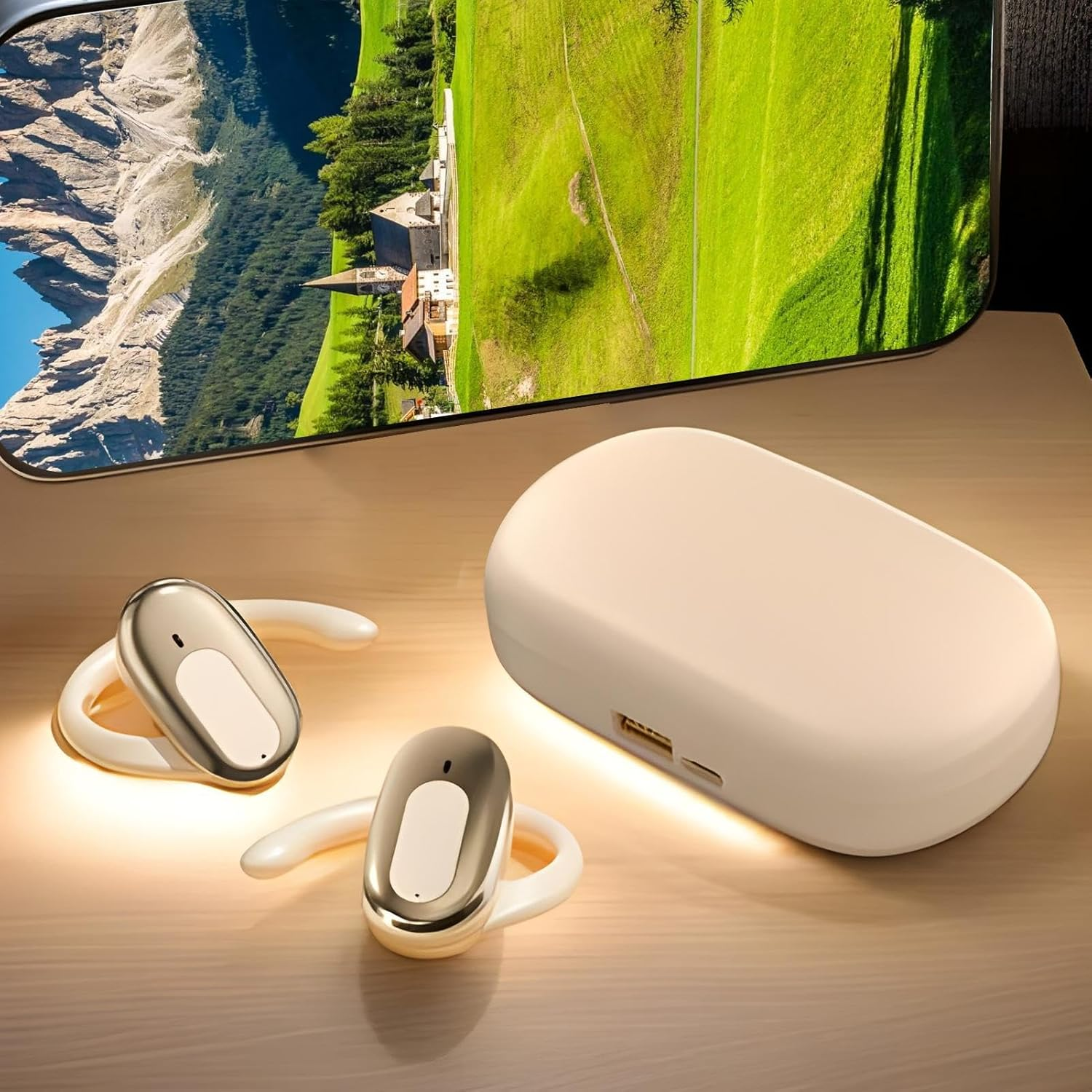 JIEBWCHA Open Ear Clip Wireless Earbuds,Open Ear Wireless Earbuds | Smart Waterproof Long Battery Life Noise Reduction Earphone for Adults Women Game Phones Home Travel Men image number 1