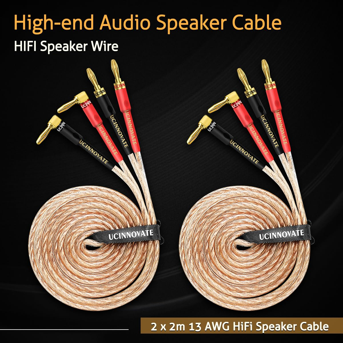 UCINNOVATE 2 Pack 13 AWG Speaker Cable with Banana Plugs, 2X 2M Hifi Speaker Wire with 4Mm Gold-Plated Right Angle Banana Plugs, Solid Audio Cable Speaker Cord for Audiophile Home Theater (2M/6.5Ft)