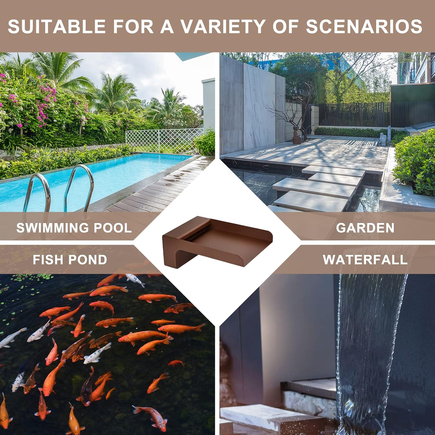 PONDO 304 Stainless Steel Made Exquisite Handcrafted Waterfall Spout for Landscape, Water Fountain Spout Scupper Luxury Decoration for Pools, Ponds, Water Walls (Brown Powder Coating) - Brushed Finishing image number 4