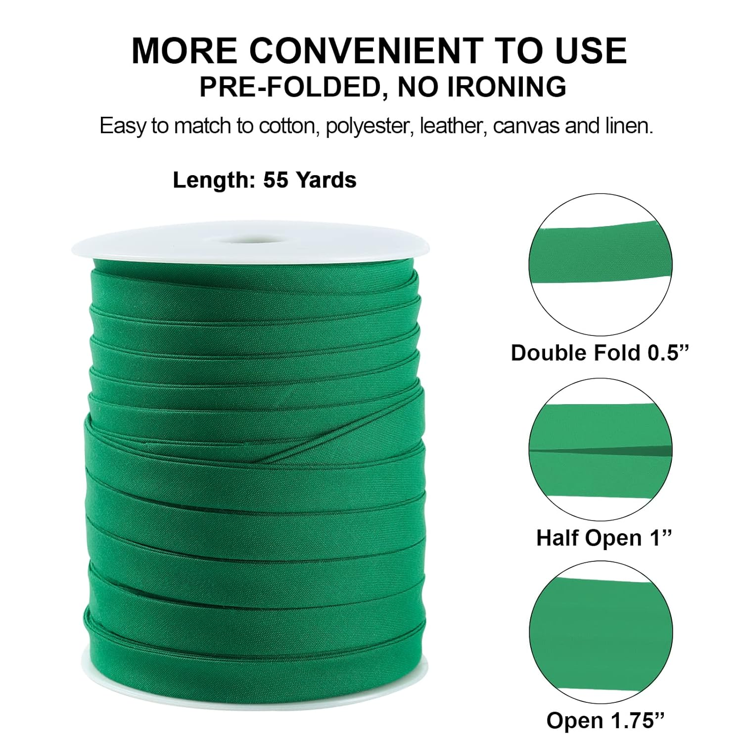 Bias Tape Double Fold 1/2 Inch, Double Fold Bias Binding Tape 55 Yards (Green) and 4 Pieces Sewing Fabric Chalks for Crafts, Sewing, Seaming, Hemming, Piping, Quilting. image number 6