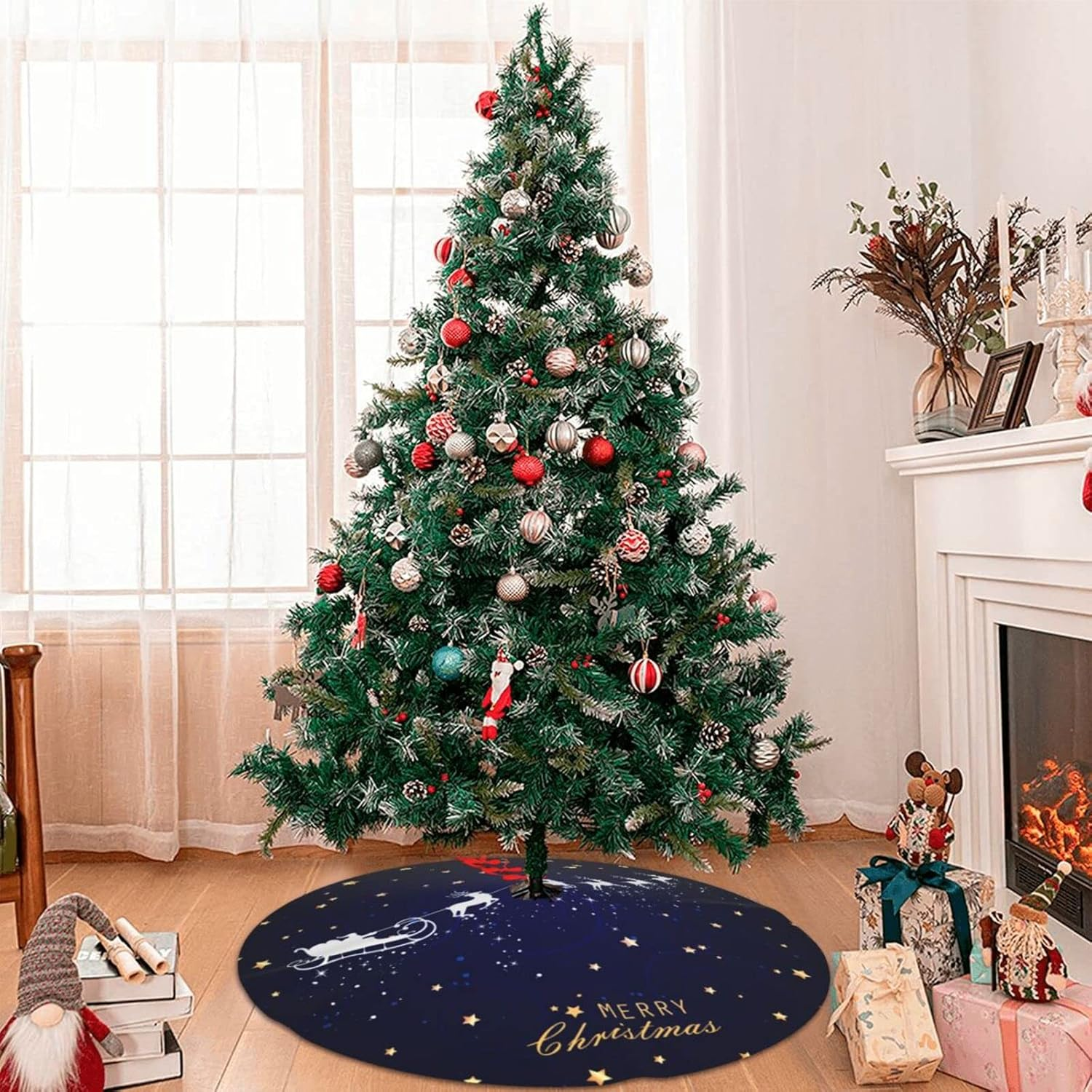 Christmas Tree Skirt Navy Blue Christmas Deer Star Santa 36 Inch for Xmas New Year Nightmare before Christmas Decorations Lobby Home image number 1