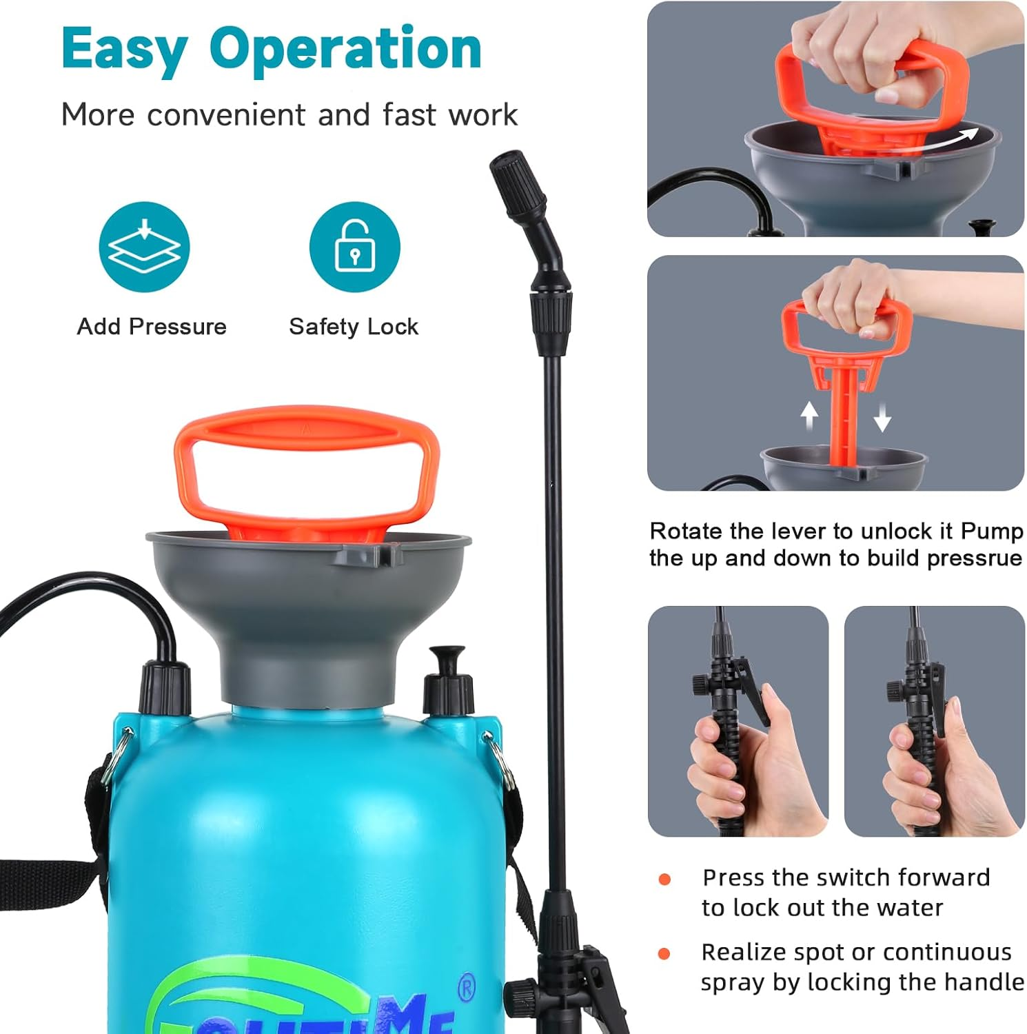 Goutime 5 Litre Pump Action Pressure Sprayer,Knapsack Garden Pump Sprayers,For Patio Cleaning Foam Sprayer Car Wash-Also Used for Weedkillers, Fertilisers，Insecticides, Fungicides image number 6