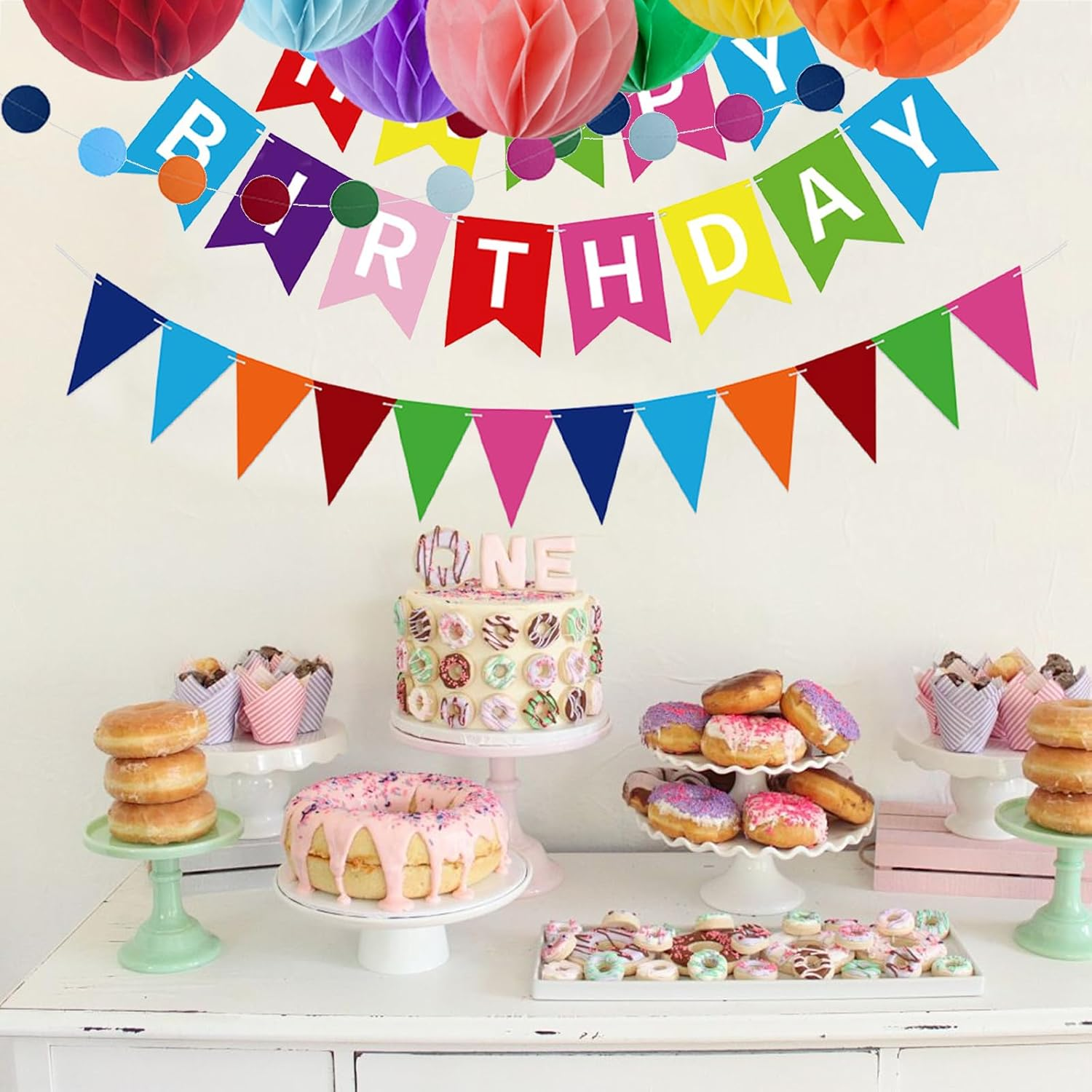 Birthday Party Decoration Gifts with 7 Honeycomb Balls and 1 Colorful Pennant Hanging Paper Fan Reusable Birthday Banner Suitable for Birthday Parties of Different Ages image number 2