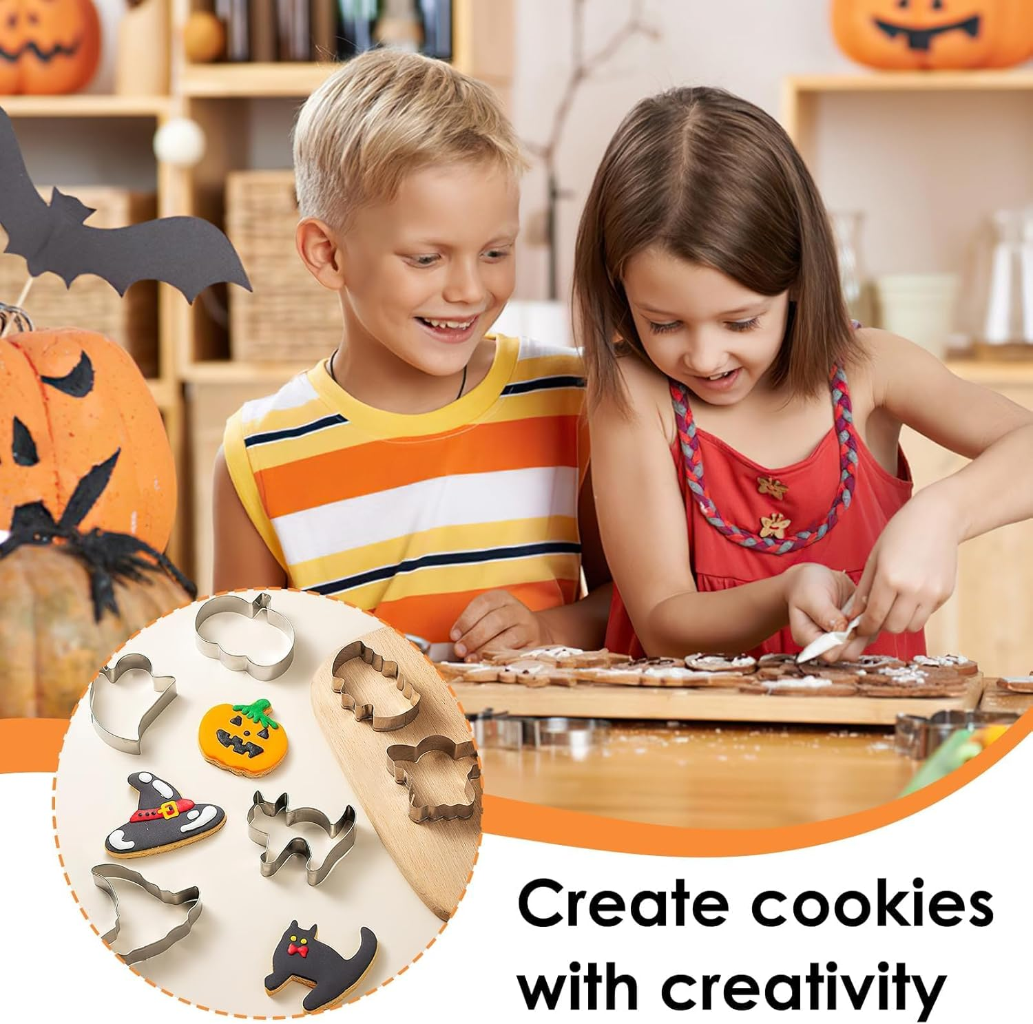 Halloween Cookie Cutters Set Large, 6 Pack Premium Stainless Steel Metal Cookie Cutters, Witch'S Hat, Pumpkin, Ghost, Bat, Tombstone and Cat Halloween Cookie Cutter (Silver) image number 2