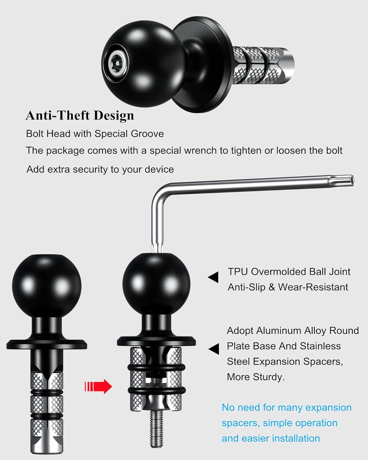 BRCOVAN Metal Motorcycle Fork Stem Mount Base with 1'' TPU Ball for Stem Holes 12Mm to 25.4Mm in Diameter, Compatible with RAM Mounts B Size 1 Inch Ball Double Socket Arm