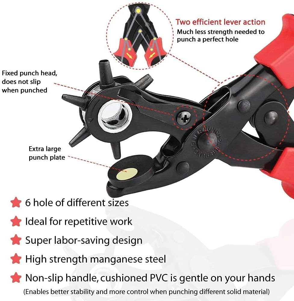 Leather Hole Punch Tool Set - Super Heavy Duty Rotary Puncher - Multi Hole Sizes Maker Tool, for Belts,Watch Bands, Traps,Dog Collars,Saddles,Shoes,Fabric,Diy Home or Craft Projects (Black&Red)