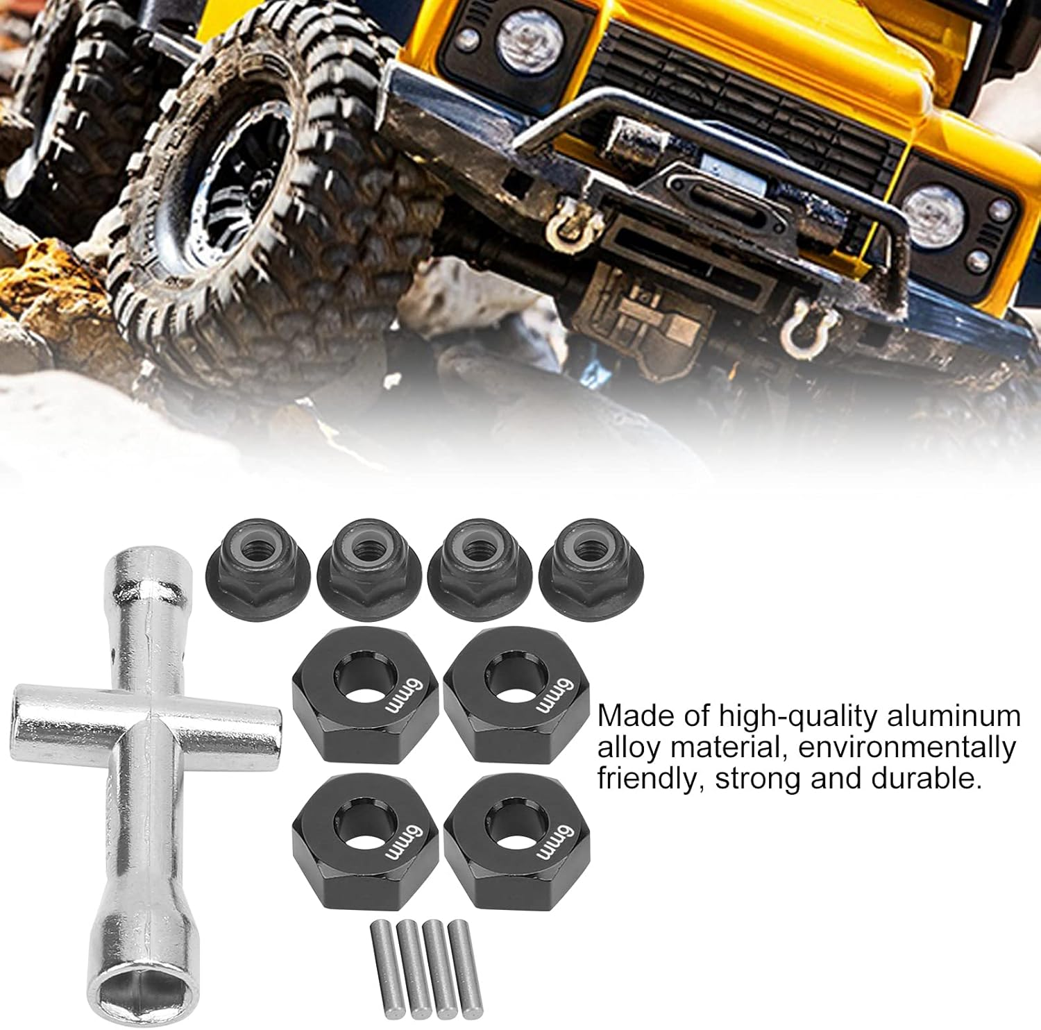 Wheel Hex Hub Adapter Set, Lock Nuts Cross Wrench Set 12Mm Wheel Hub Adapter 1/10 RC Car Upgrade Parts 6Mm for 1/10 RC Car(Black) image number 2