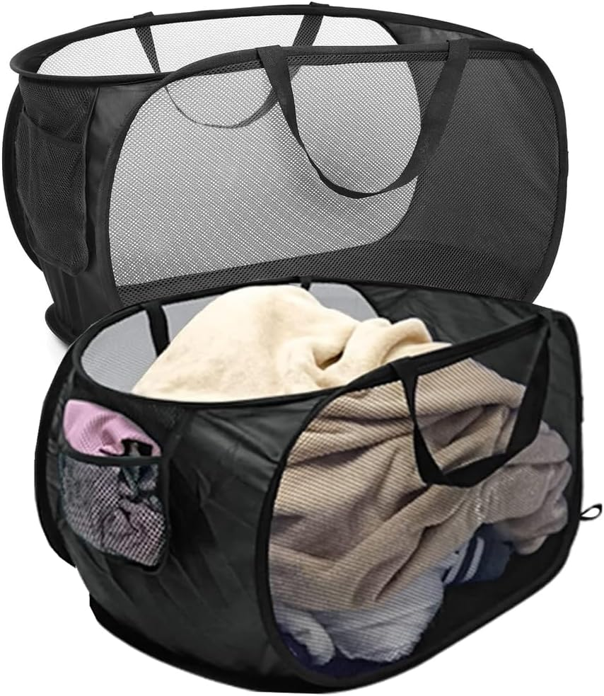 IREES Durable Collapsible Laundry Baskets, 2PCS Mesh Pop up Laundry Hamper,Lightweight Mesh Basket with Reinforced Carry Handles for Laundry, Dormitories, Families, Travel, and Camping (Black)