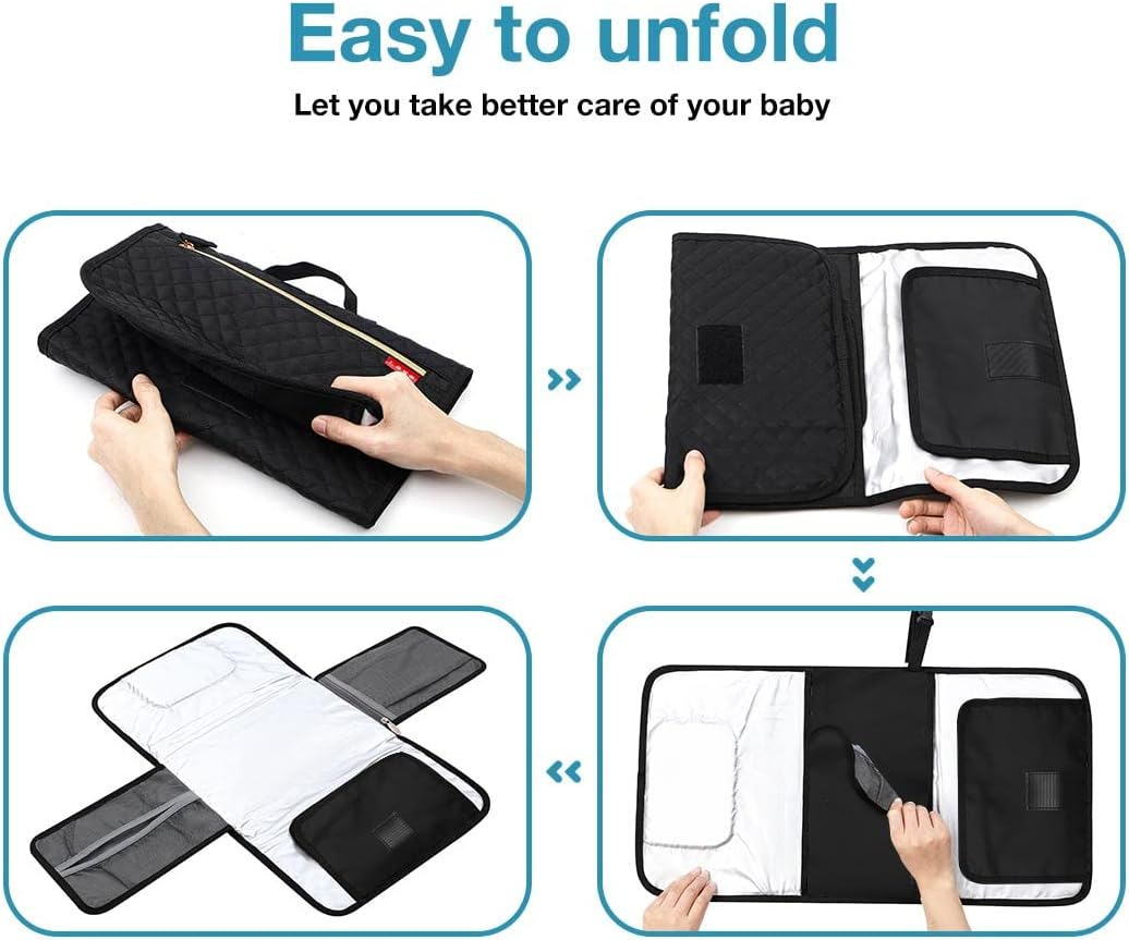 Lekebobor Portable Changing Pad for Baby, Baby Changing Pad for Diaper Bag or Changing Table. One-Hand Diaper Change Pad.Baby Shower Gifts, Newborn Baby Essentials, Unisex Baby Stuff,Quilted Black image number 5