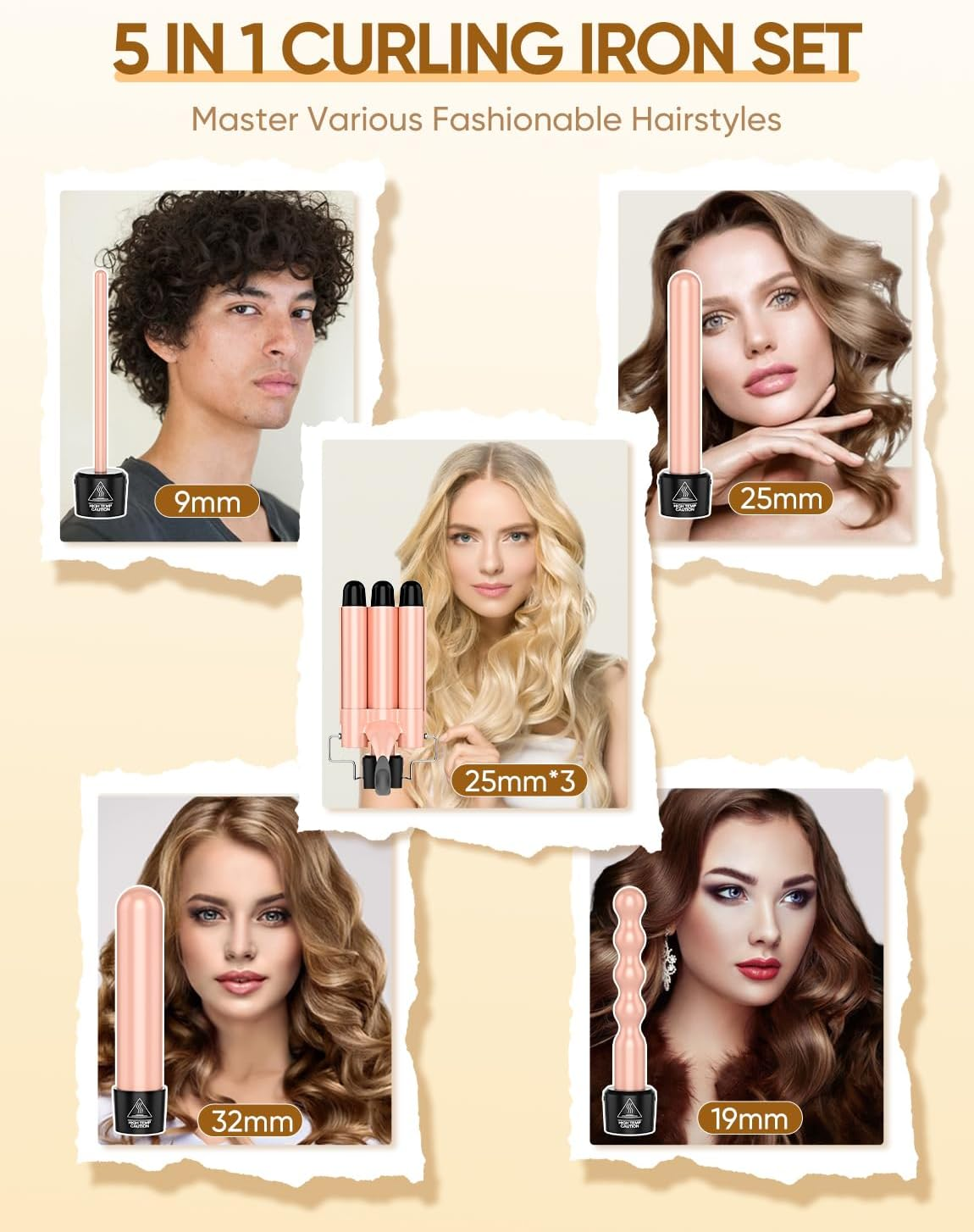 OBVHNUA 5 in 1 Hair Curler Set Hair Curling Wand 9-32Mm Ceramic Curling Iron with PTC Fast Heating 2 Adjustable Temperature Professional Hair Waver with 2M 360&deg; Rotatable Cable and Anti-Scald Glove image number 2