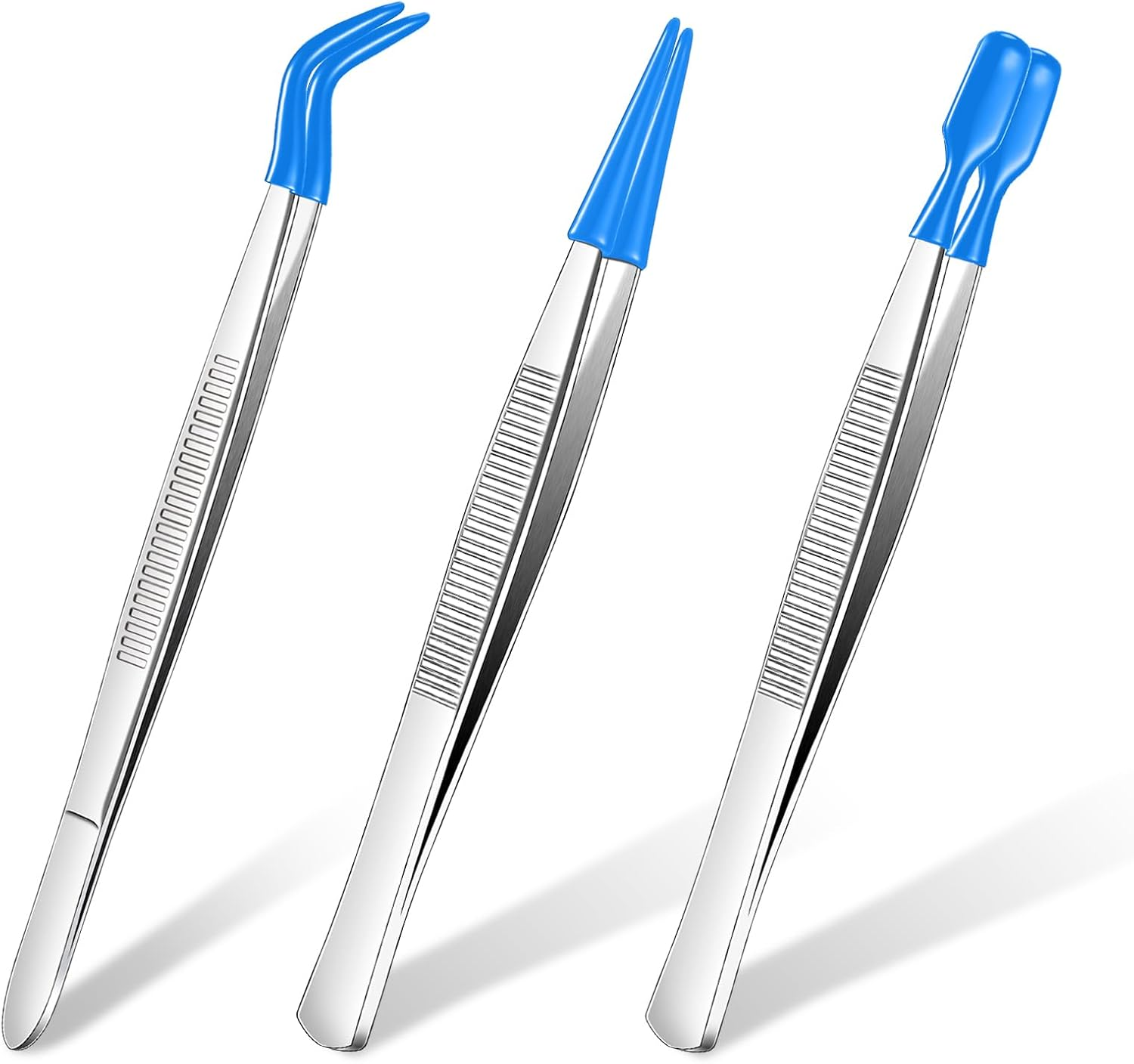 Honoson 3 Pieces Tweezers with Rubber Tips PVC Coated Set Rubber Straight Flat Tip Long Bent Tweezers for Crafts Stamps Beads Jewelry Tools(Blue)