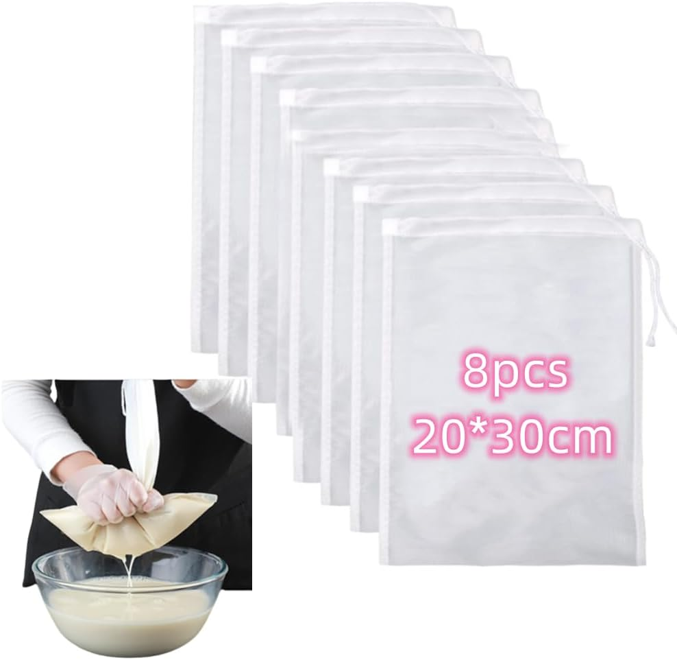 8 Pcs Nut Milk Bags, 20X30 Cm 200 Mesh Nylon Filter Strainer, Food Grade Reusable Food Strainer Bag with Drawstring for Straining Fruit Juice,Nut Milk,Doufu,Almond,Coffee,Yogurt and Soup image number 2