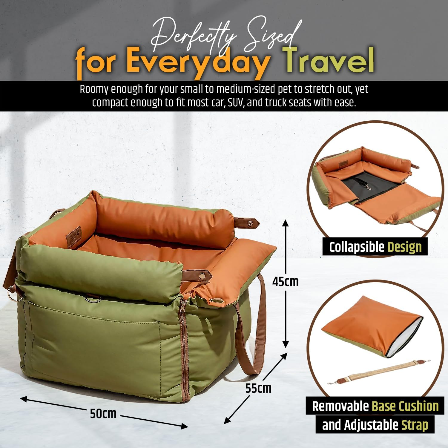 Dog Car Booster Seat &ndash; Convertible Travel Bed & Carrier with Removable Cushion, Side Storage Pockets & Adjustable Strap &ndash; Washable Pet Car Seat for Small Dogs &ndash; Front/Back Seat Compatible image number 4