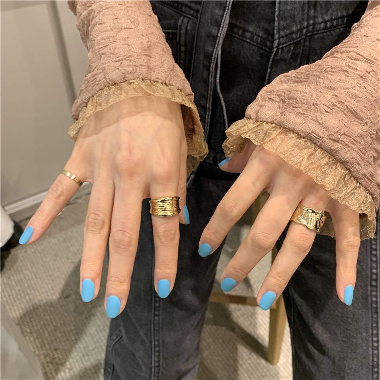 WAINIS 6 Pcs Chunky Gold Open Rings for Women Statement Boho Adjustable Rings Set image number 6