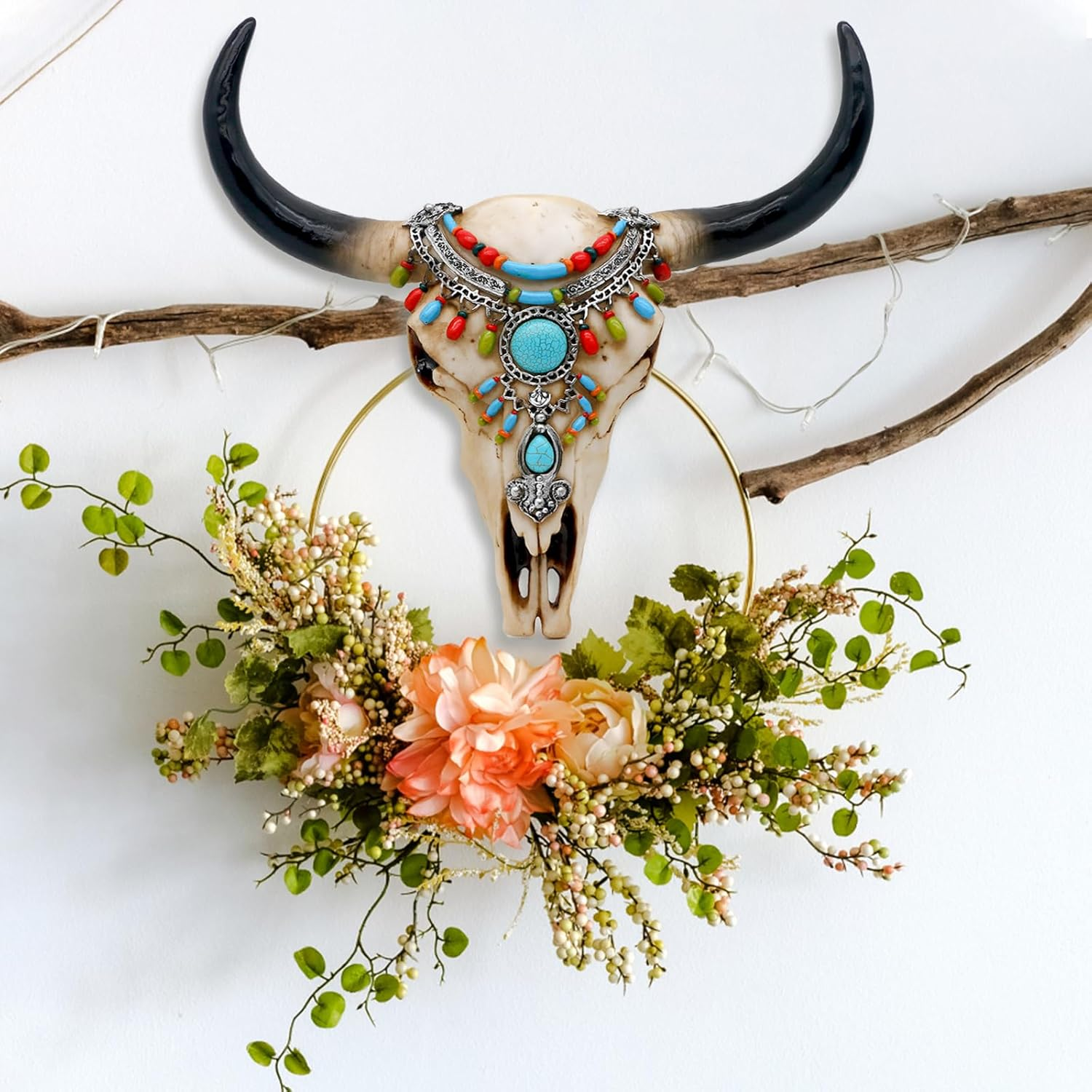 Southwest Cow Skull Wall Decor - Rustic Tribal Bull Skull Head with Turquoise Stone 3D Resin Long Horn Faux Bison Steer Buffalo Wall Hanging for Home Office Room Wall Art Wall Ornament image number 4