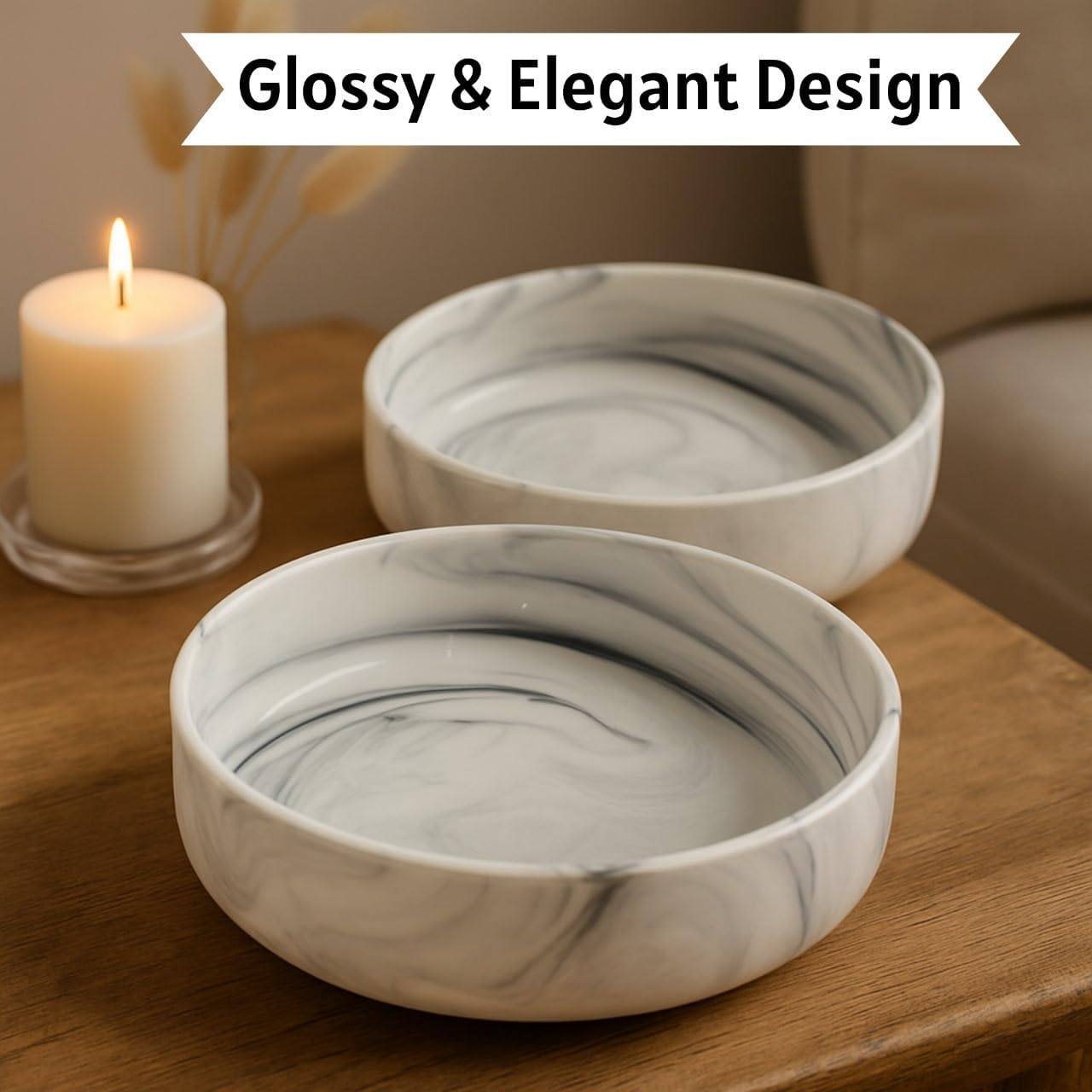 The Modern Nest-Marble Grey Bowl Set - Perfect for Soup, Salad, Ramen & Fruit | 2-Piece Ceramic Stoneware Bowl Set image number 6