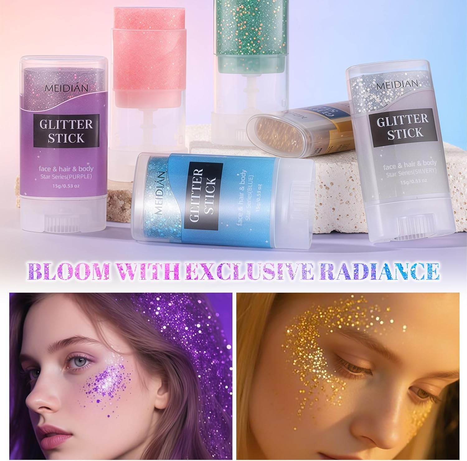 YBUETE Face Body Glitter Stick,6 Colors Hair Body Glitter Stick for Singer Concert Outfit Cosplay Rave Accessories for Women,Glitter Nail Sequins Iridescent Flakes for Festival Rave Halloween Makeup image number 1