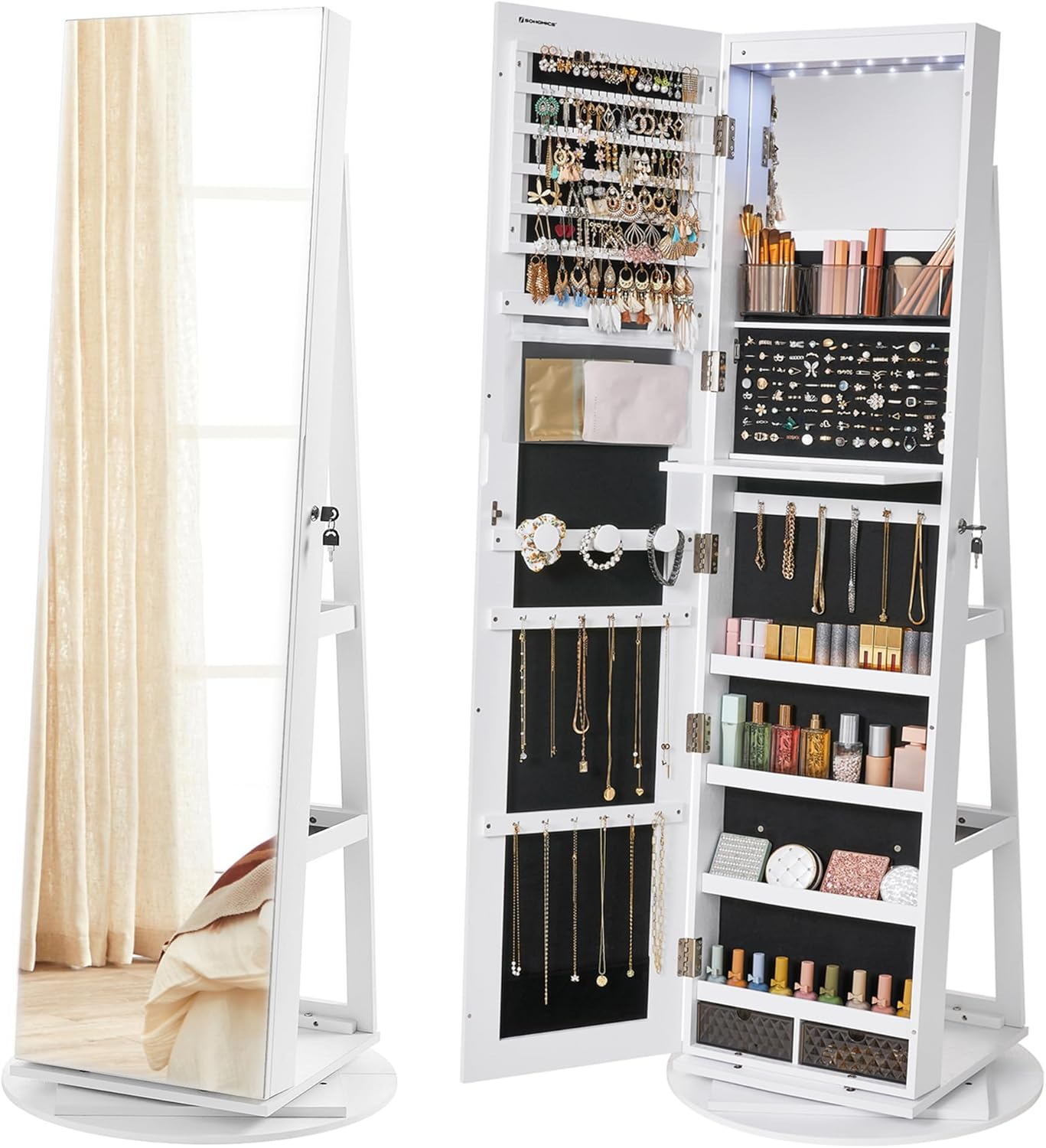 SONGMICS 6 Leds Lockable Mirror Jewelry Cabinet, 360&deg; Swivel Jewelry Organizer, Standing Jewelry Armoire, Frameless Full-Length Mirror, 3 Storage Shelves,White Surface, image number 1