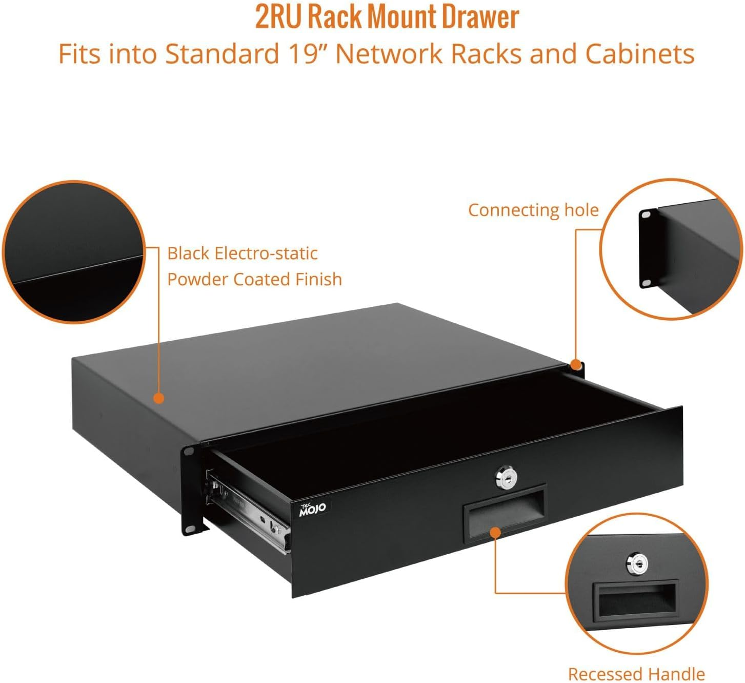Tecmojo 2RU Rack Drawer, Sliding and Lockable Rack Mount Drawer for 19 Inches Network Equipment/Server/Av Rack or Cabinets Enclosure, Load-Bearing 10Kg, with Cable Management Holes, Black image number 5
