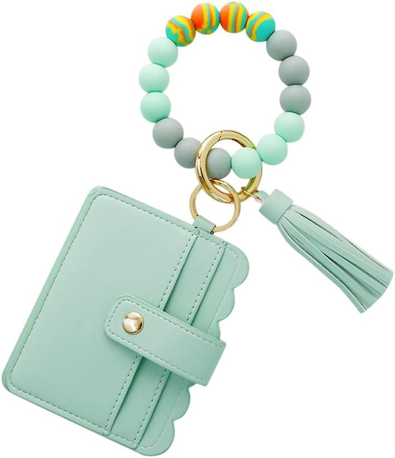 Silicone Beaded Bracelet Leather Keychain Wallet ID Card Holder Keyring Wristlet Bracelet Key Ring Chain Tassel Purse Women Girls Mint Green image number 2