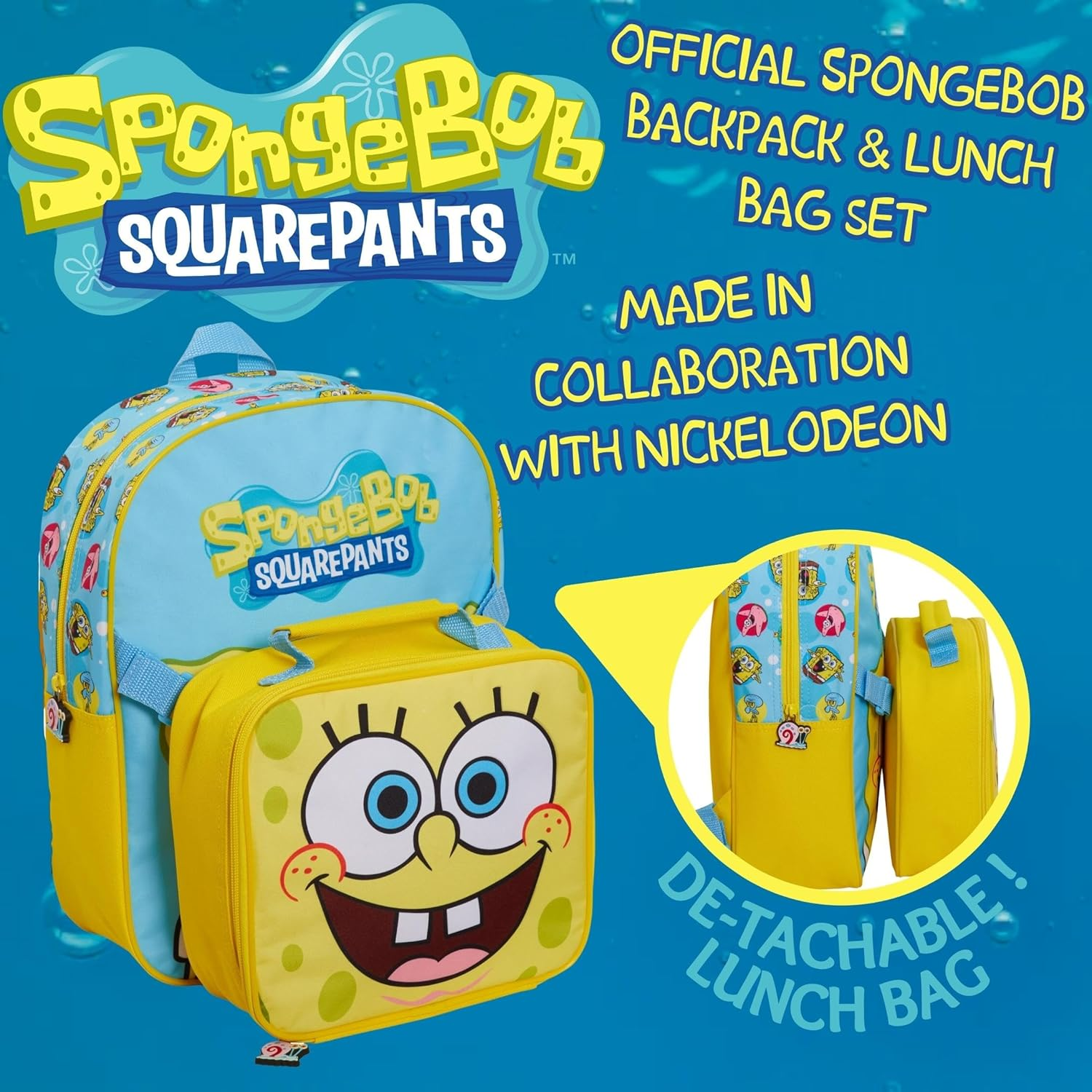 SPONGEBOB SQUAREPANTS Backpack with Cool Lunch Bag Boys Girls School 2 Piece Set Detachable, Blue, One Size, Backpack image number 1
