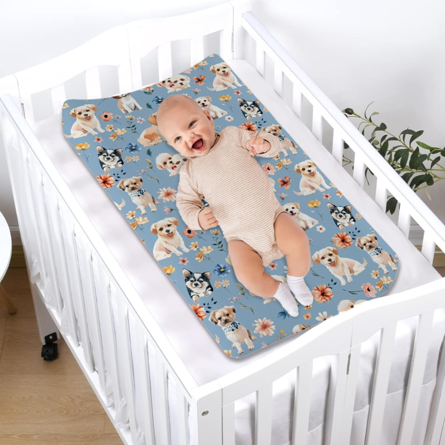 Dogs and Floral Baby Changing Pad Covers,Unisex Fitted Changing Pad Cover for Baby Boys Girls,Comfortable Breathable Changing Table Covers,Polyester Easy Care Diaper Change Table Sheets for Baby image number 1