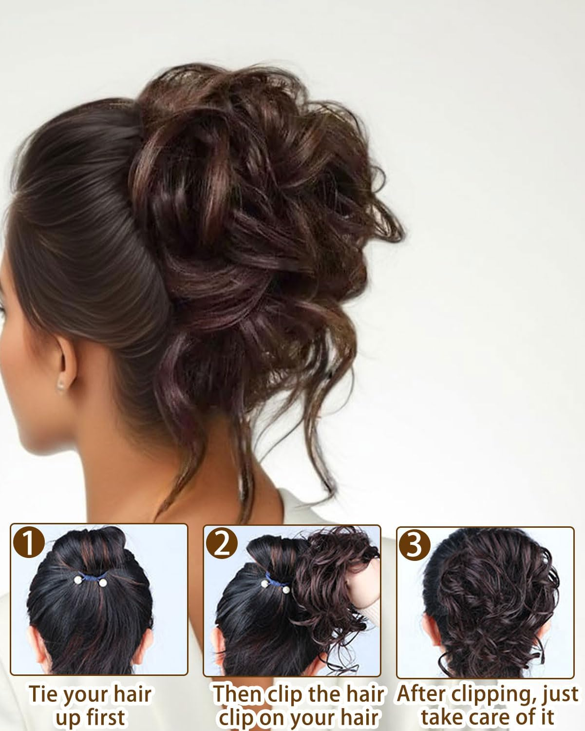BPTRKOM Natural Looking Women'S Hair Pieces - Extension for Bun Ponytail & Updo Curly, Wavy & Messy Look, Synthetic, with Claw & Clip for Secure Hold (Dark Brown) image number 2