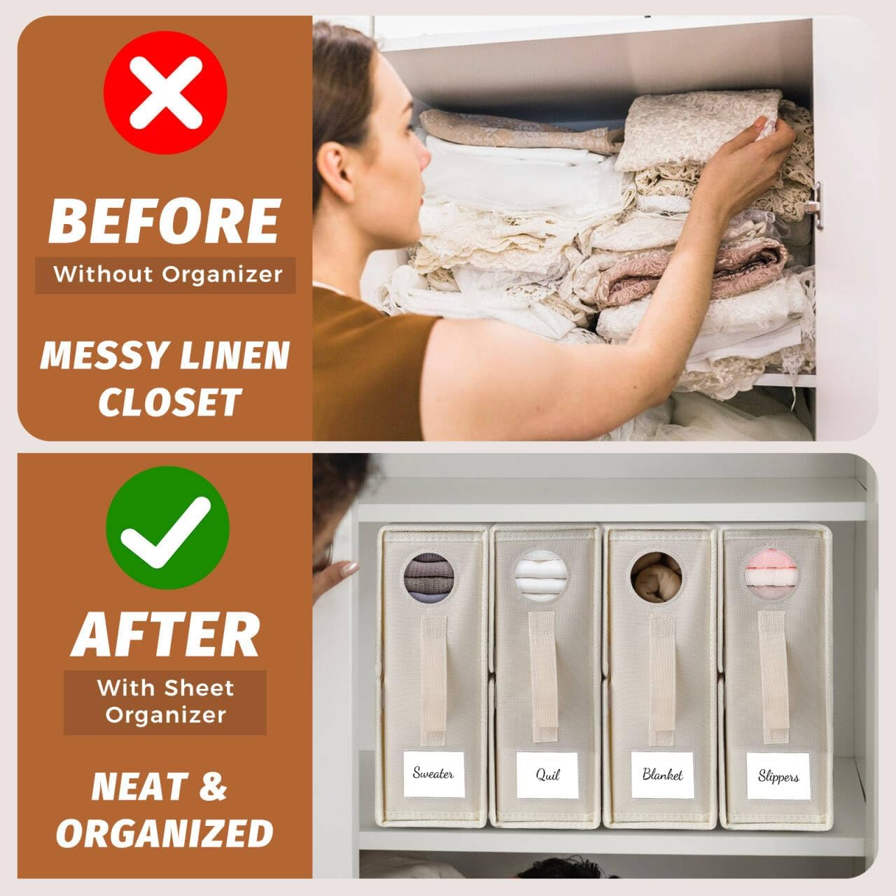 Bed Sheet Organizers and Storage 4 Pack, Foldable Linen Closet Organizer Oxford Cloth with Window and Label (King & Queen Size), Bedding Storage Box for Bedsheets (Beige) image number 4