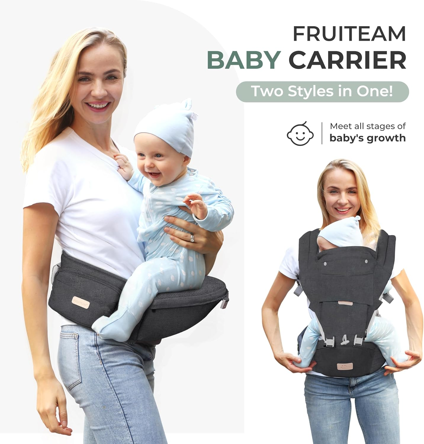 FRUITEAM Baby Carrier, 6-In-1 Baby Carrier with Waist Stool, One Size Fits All -Adapt to Newborn, Baby Hip Carrier for Breastfeeding, Infant & Toddler-2 image number 2