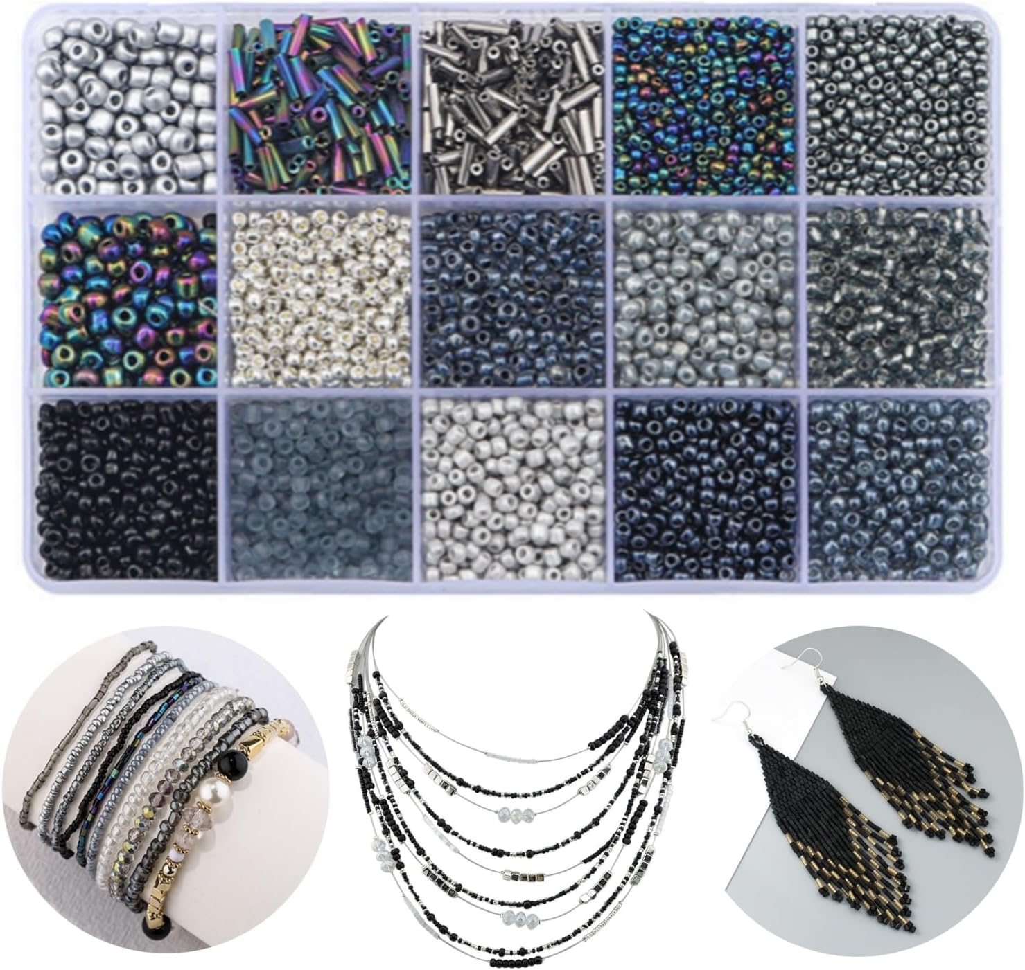 15 Color 4Mm Small Assorted Glass Seed Beads,3Mm Bugle Beads Friendship Bracelet Kit,2Mm Tiny Tube Beads for Jewelry Making(Black Bead)