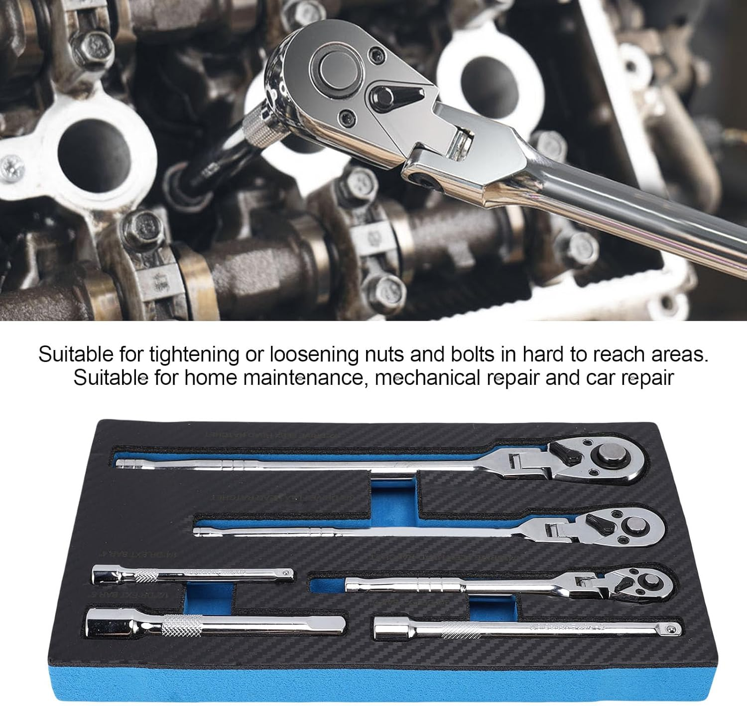 Jiawu 6-Piece Flex Head Ratchet Set, 1/4", 3/8", 1/2" Drive, Swivel Head Ratchet Wrench with Extension Bar, 72 Tooth, 180&deg; Adjustable, Quick-Release, Flexible Ratchet Handle image number 6