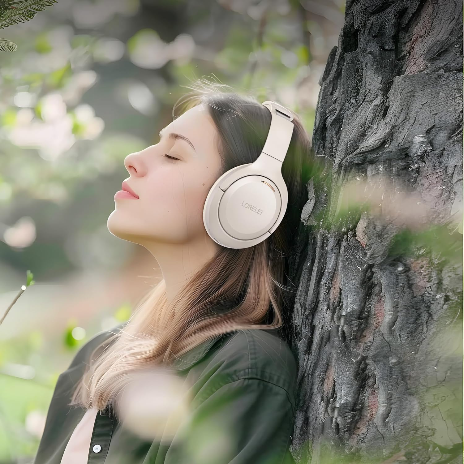 LORELEI QC60 Hybrid Active Noise Cancenlling Headphones,Wireless over Ear Bluetooth Headsets with Mic, 60H Playtime Foldable Lightweight, Deep Bass, Memory Earmuffs,For Travel Home Office(Beige White) image number 5