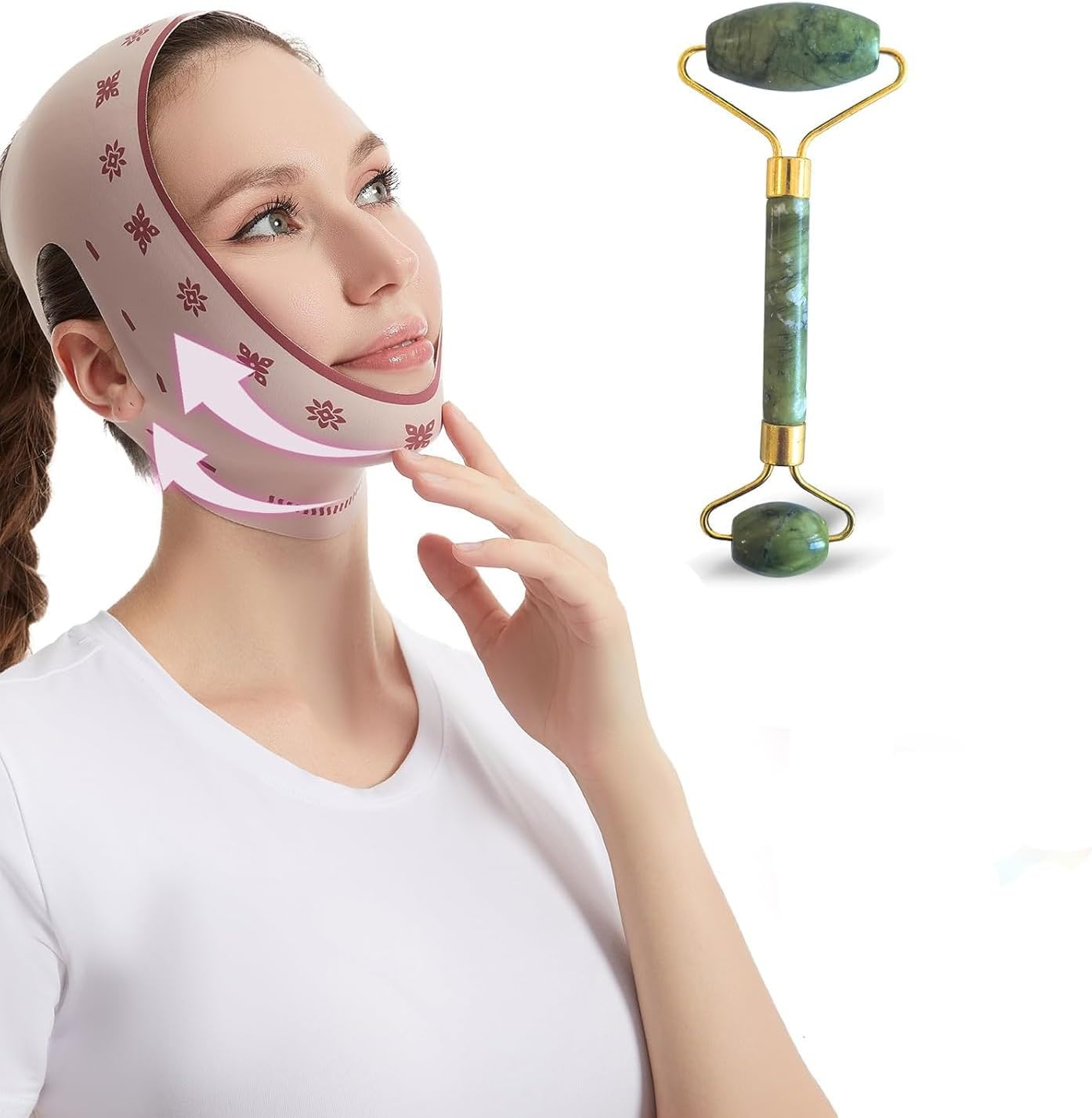Double Chin Reducer for Sleeping, V Line Lifting Chin Strap with Jade Roller for Puffiness Reduce Wrinkles Skin Care Routine, Reusable V Shaped Face Slimming Mask for Jawline Exerciser Sagging Skin image number 3