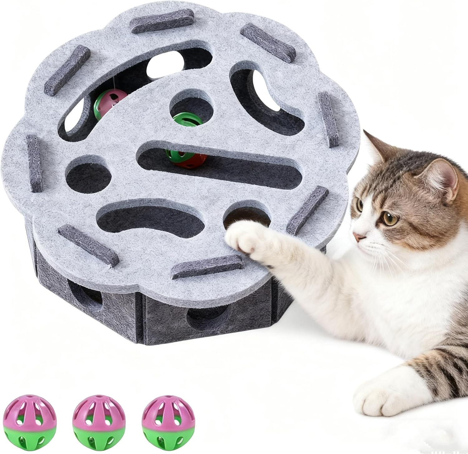 Cat Scratch Puzzle Enrichment Box, Interactive Cat Nail File Enrichment Box,Cats Nail File Scratcher with 3 Bells,For Indoor Cats Scratching & Hunting Mental Felt Maze Boxs (Gray)