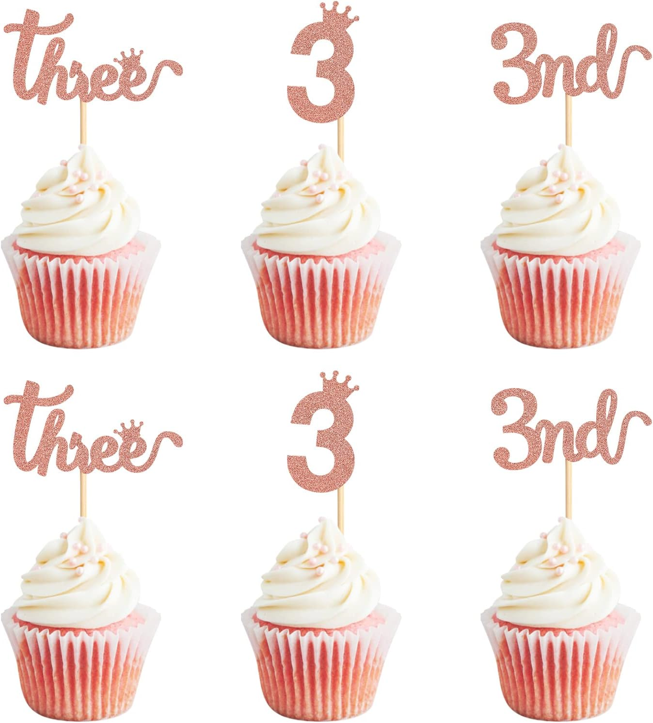 24PCS 3Nd Crown Birthday Cupcake Toppers Three Birthday Three Cupcake Picks Baby Shower Theme Prince Crown Party Cake Decorations Supplies Rose Gold image number 3
