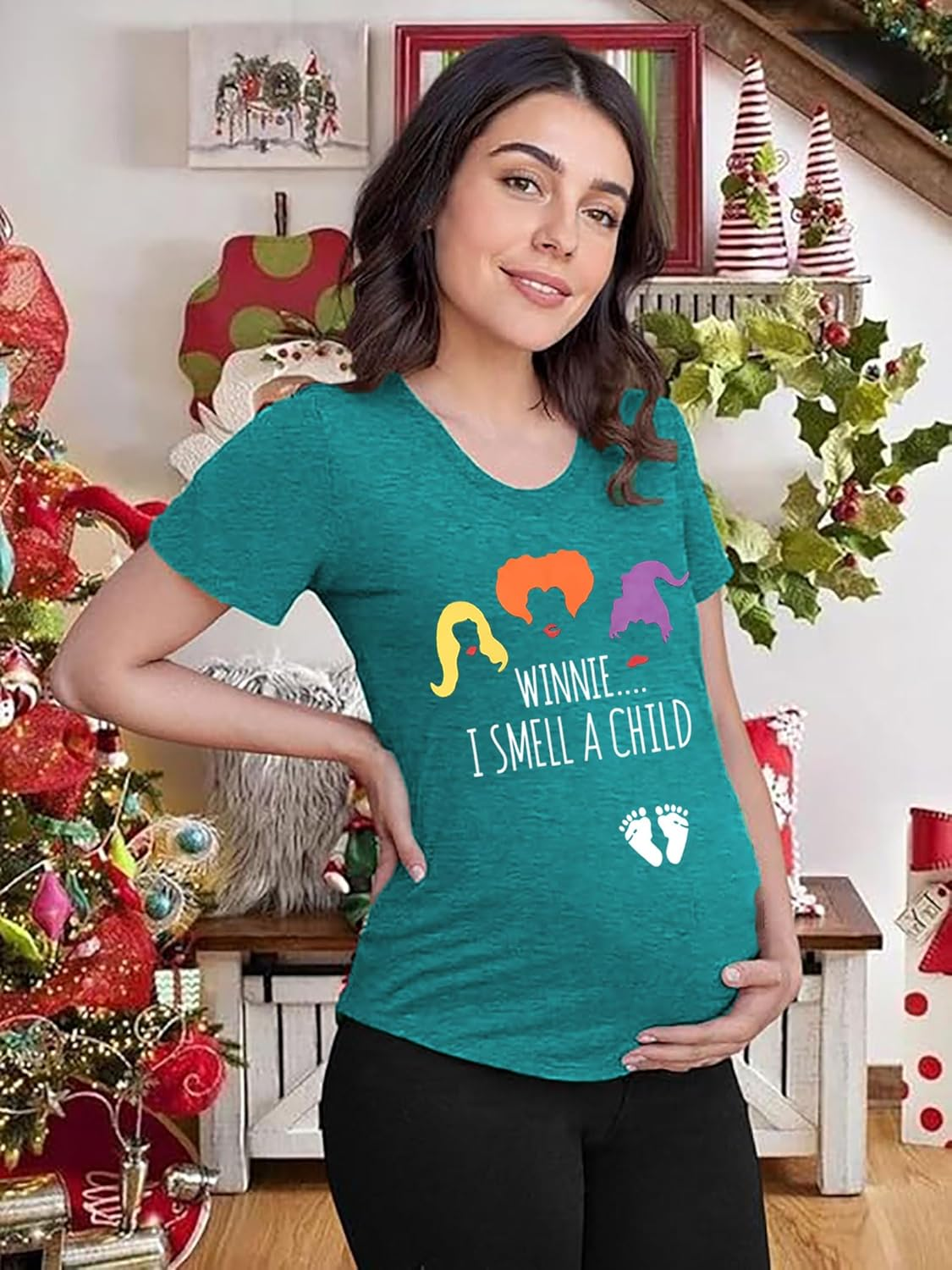 HEYO Halloween Pregnancy Shirt Sanderson Sister Witch Graphic Funny Cute Smell Child Letter Print Maternity Short Sleeve Tee image number 4