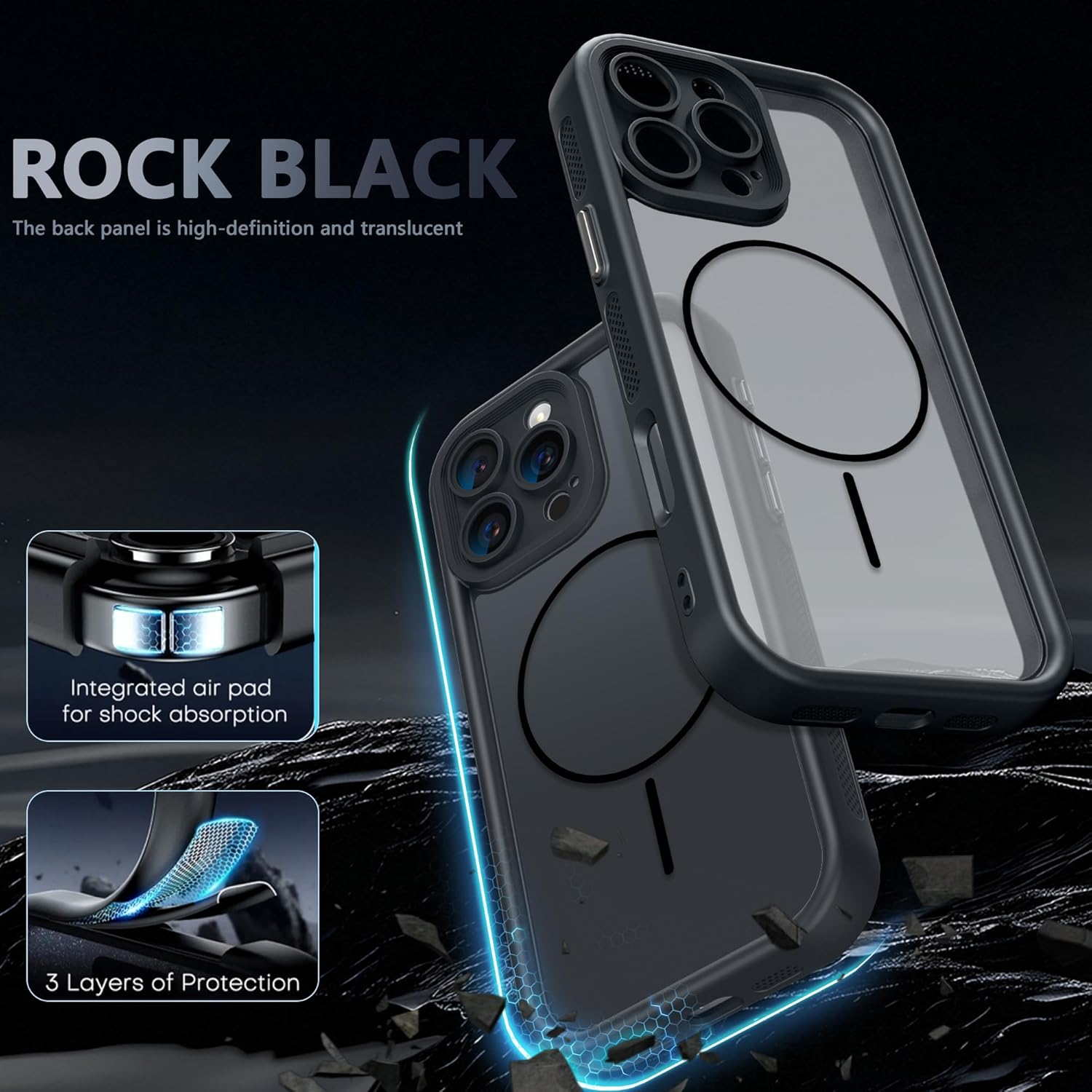 Panxcase Case for Iphone 16 - Mobile Phone Case Matt Translucent Military Shockproof Compatible with Magsafe, Protective Case with Non-Slip Cooling Function (Black) image number 7