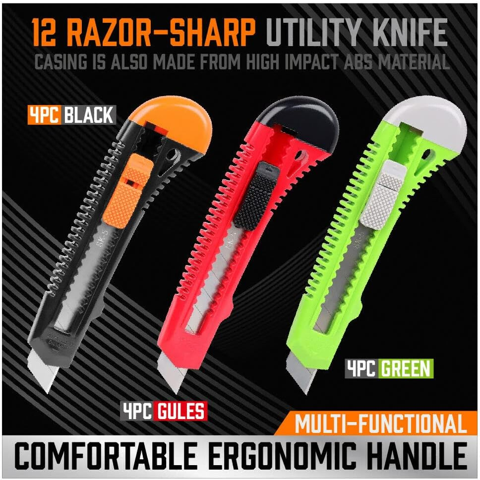 HORUSDY 12-Pack Box Cutters Retractable, 10-Pack SK-5 Extra Blades, Utility Knife Retractable for Boxes, Cartons, Cardboard Cutting, 18Mm for Office, Home, Arts Crafts, Hobby image number 4