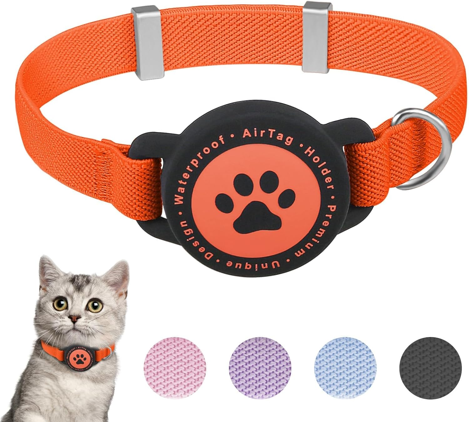 Airtag Cat Collar, Stretchy Kitten Collar with Apple Air Tag Holder, Lightweight and Comfortable, Ultra Elastic GPS Cat Collars for Cats, Kittens and Puppies [Orange] image number 2