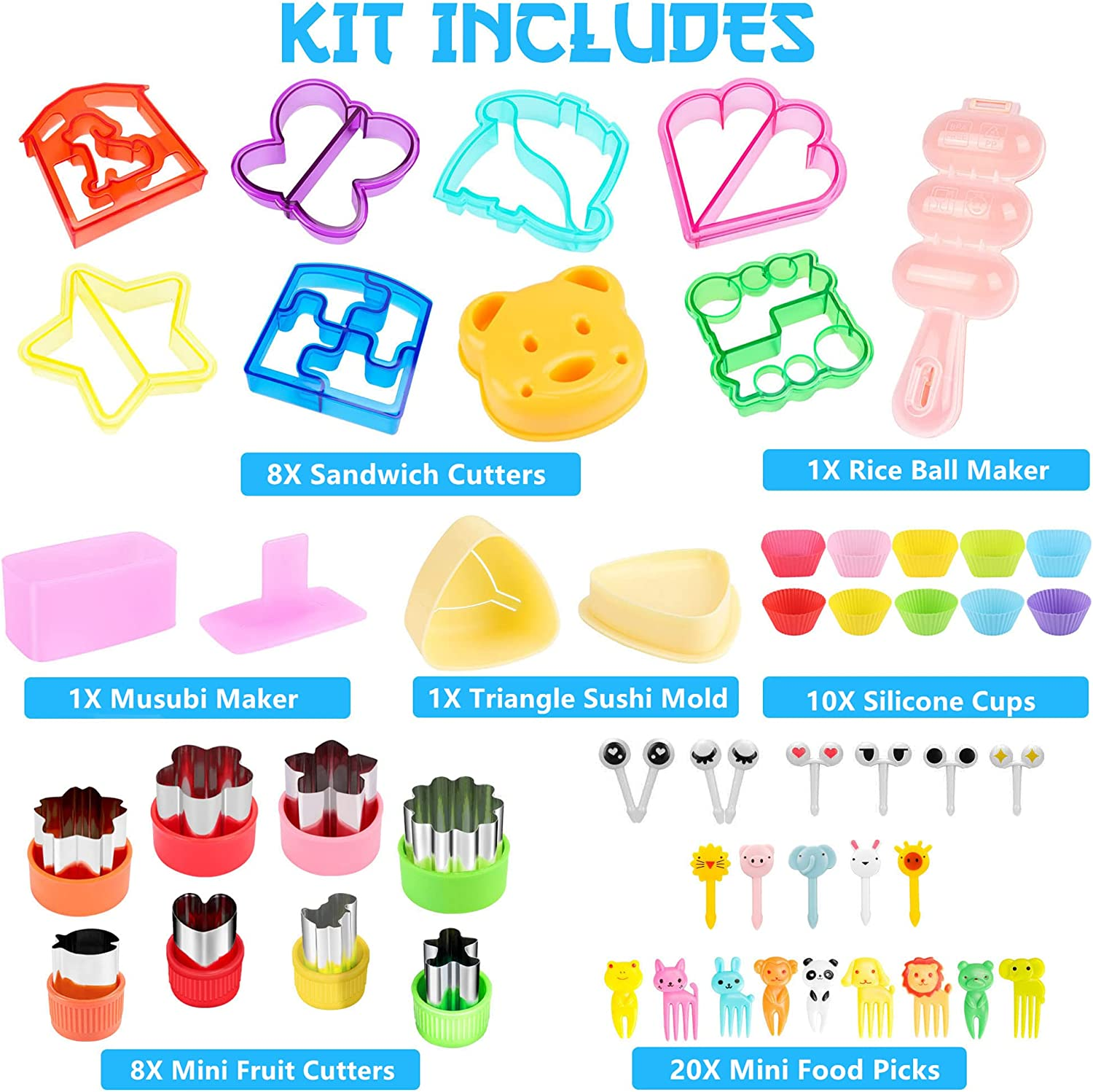 FUNGYAND Sandwich Cutter Set, 52 in 1 Bento Box Accessories Kit Includes Sandwich Cutters, Fruit Cutter, Food Picks, Silicone Cups, Musubi Maker, Rice Ball Maker, Complete Bento Lunch Box Supplies image number 2