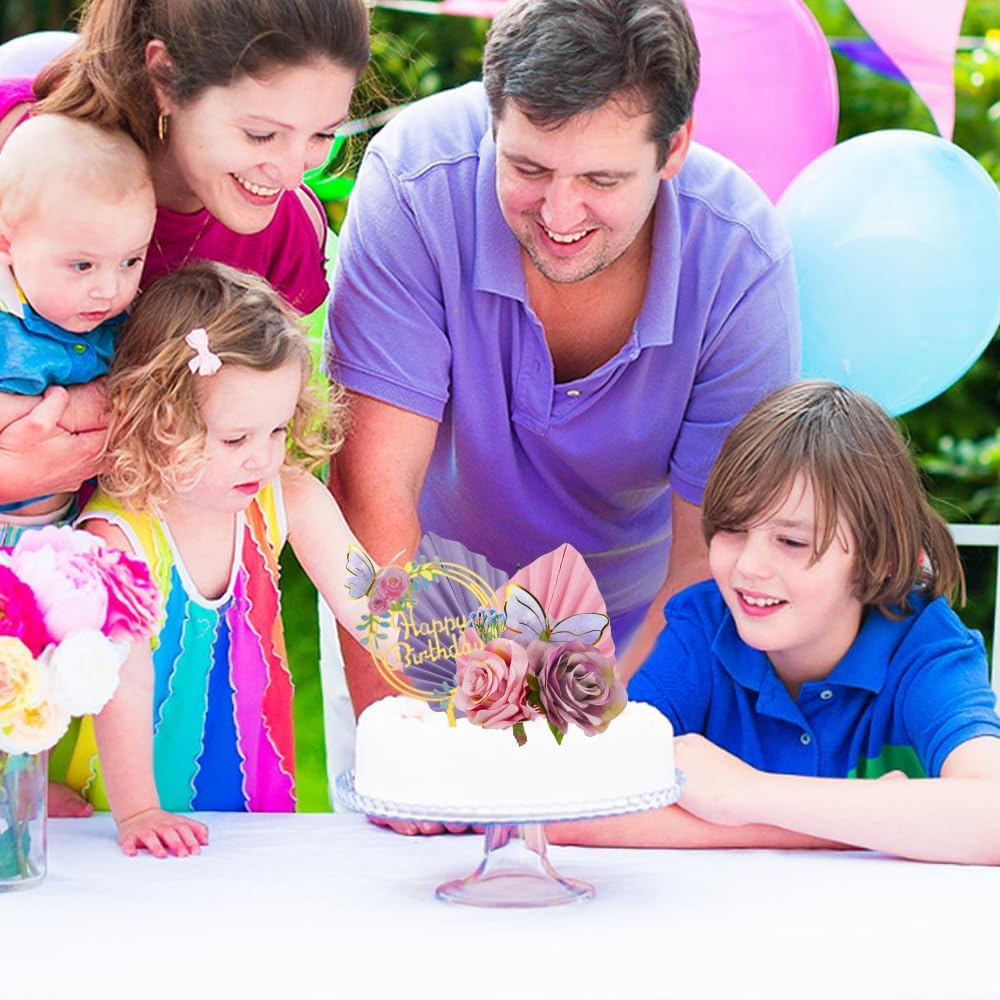 28 PCS Boho Cake Toppers Cake Decoration with Pink Purple Flowers Butterflies Palm Leaves Candles for Birthday Themed Baby Shower Party Wedding Supplies (Pink Purple)