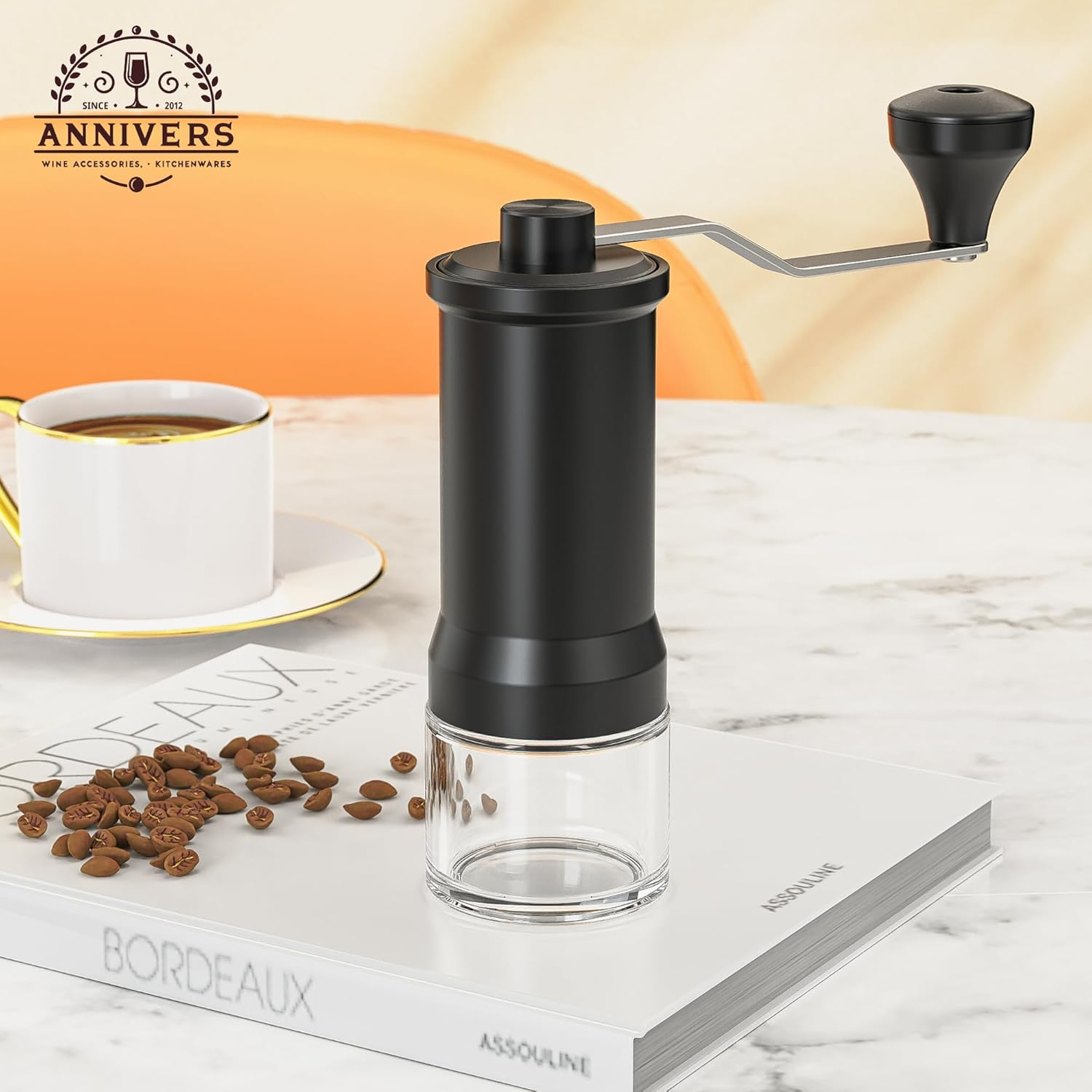 ANNIVERS Manual Coffee Grinder Hand Coffee Bean Grinder Burr Grinder, Adjustable Coarseness Ceramic Burr Glass Jar Stainless Steel Crank Brush, for Espresso French Press Drip, Moulin &Agrave; Caf&eacute; Manuel image number 2