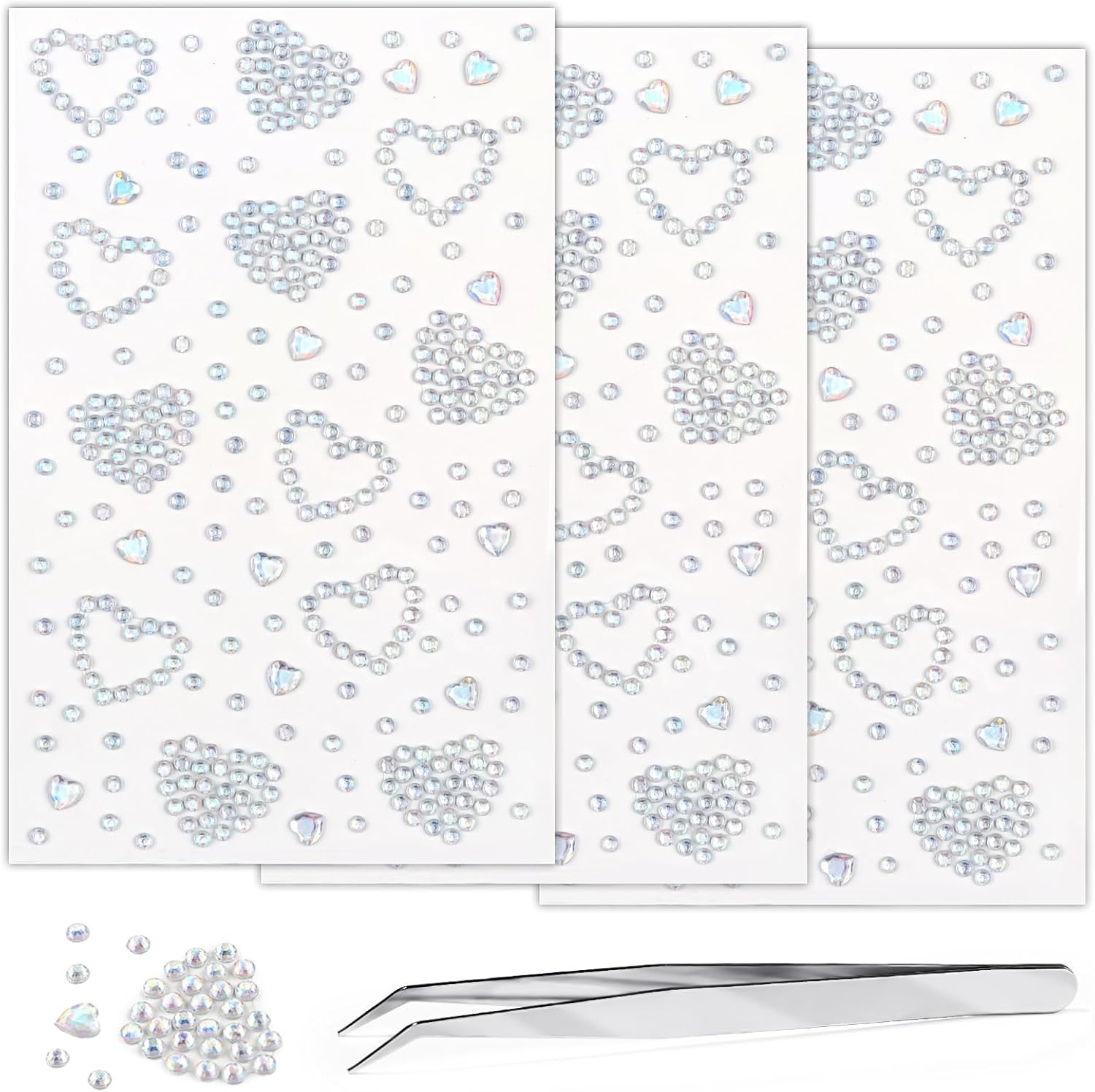 3Sheets Heart Star Gem Stickers Jewels for Crafts, Face Makeup - Self Adhesive Rhinestone Jewel Stickers, Stick on Gems Rhinestones for Crafts, Craft Supplies for Kids (Heart_Laser)