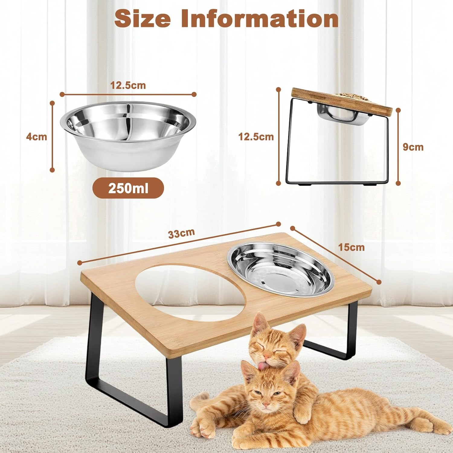 Elevated Cat Food Bowls with Non-Slip Mat, 15&deg; Tilted Stainless Steel Raised Feeding Dishes, anti Vomiting Station for Pet Food & Water, Durable Bamboo Stand Bowl for Cats & Small Dogs image number 4