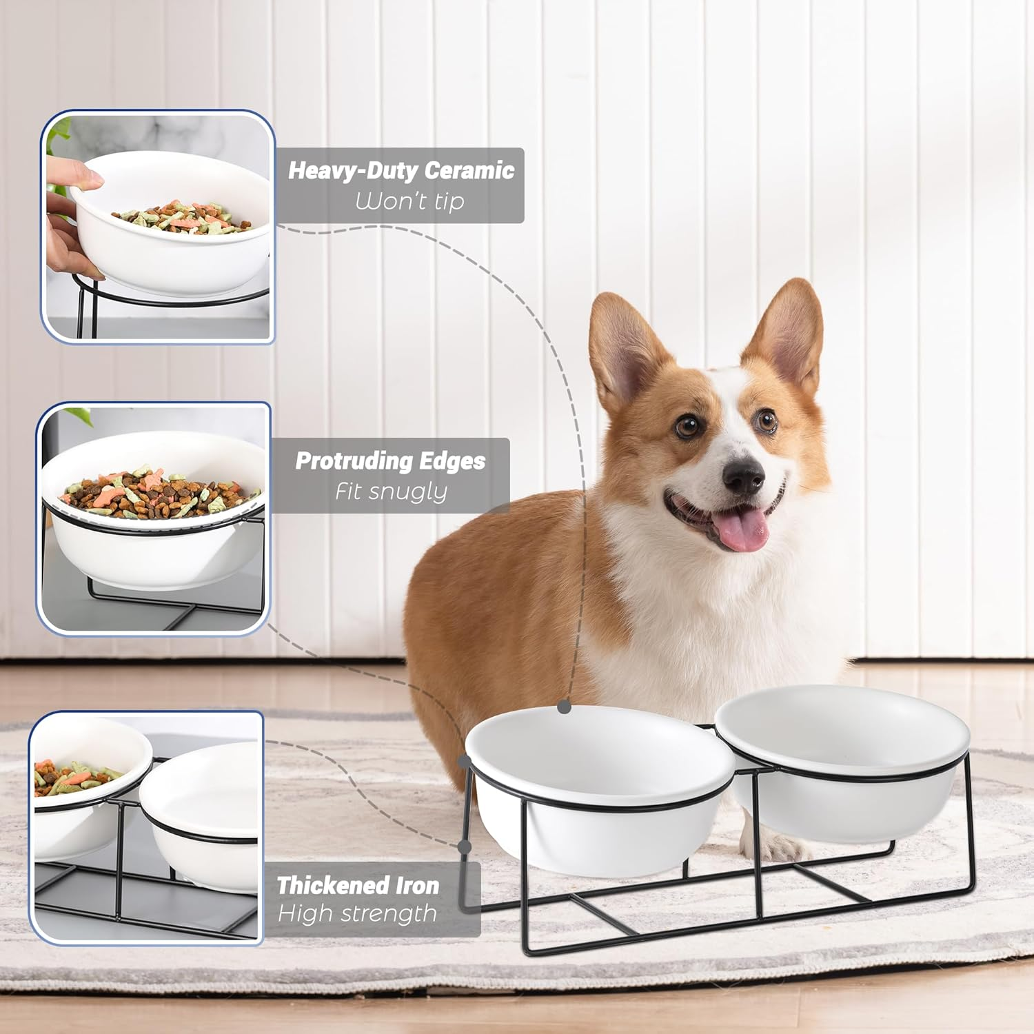 Raised Ceramic Dog Bowl with Metal Stand - Double Bowls for Food and Water - Feeding Bowl for Cats and Small to Medium Dogs - White image number 5
