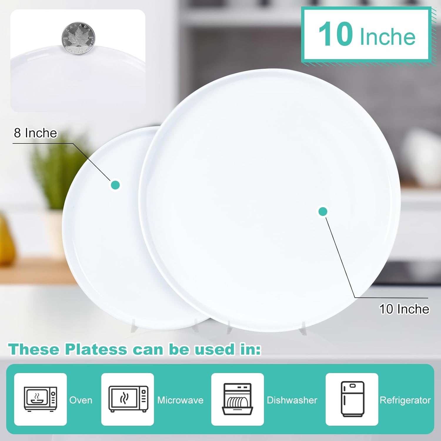Antokueh 10 Inch White Ceramic Plates Set of 6,Round Porcelain Plate, 6-Piece Salad Dishes with Lipped Edges for Steak, Dessert, Dishwasher Oven Safe