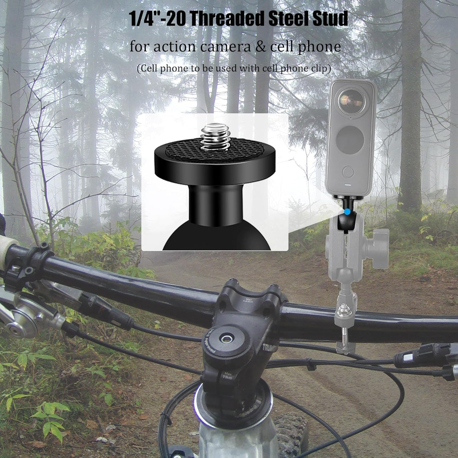 2PC Aluminum Alloy 1" Ball Mount Adapter with 1/4"-20 Threaded Stud for Insta360 One X3, X2, X, R, RS, Gopro, DJI OSMO Action Camera,Compatible with RAM Ball Head Mounts B Size Double Socket Arm image number 5